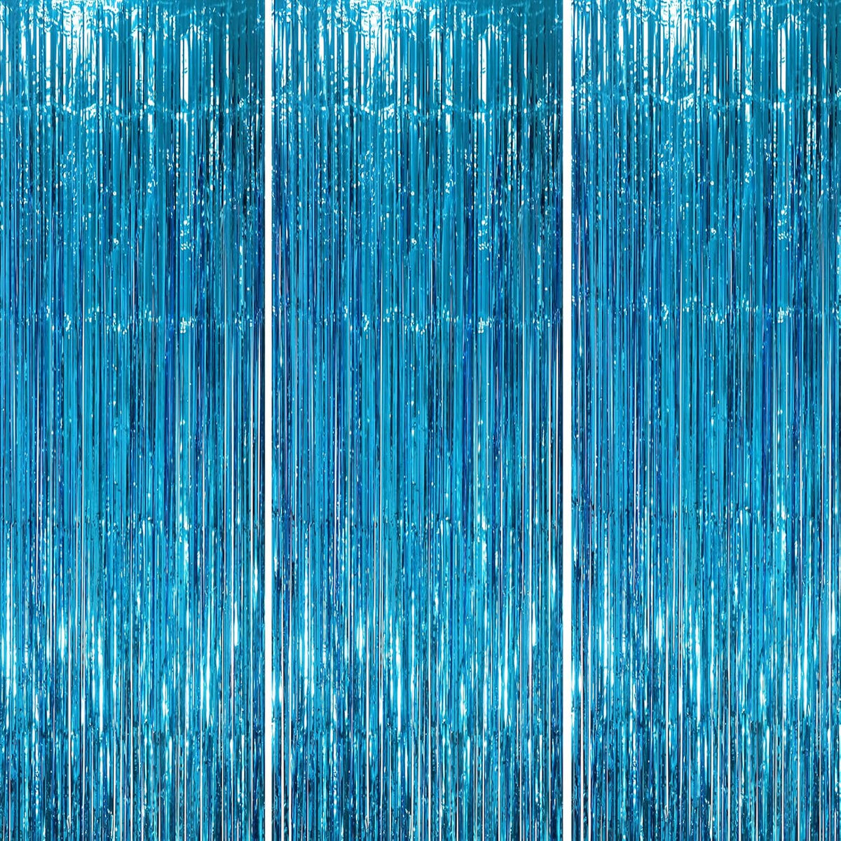 3 Pack 3.3 x 8.2 ft Retro Blue Foil Fringe Backdrop Curtains, Tinsel Streamers Party Decorations, Fringe Backdrop, Door Shimmer for Retro Theme Party