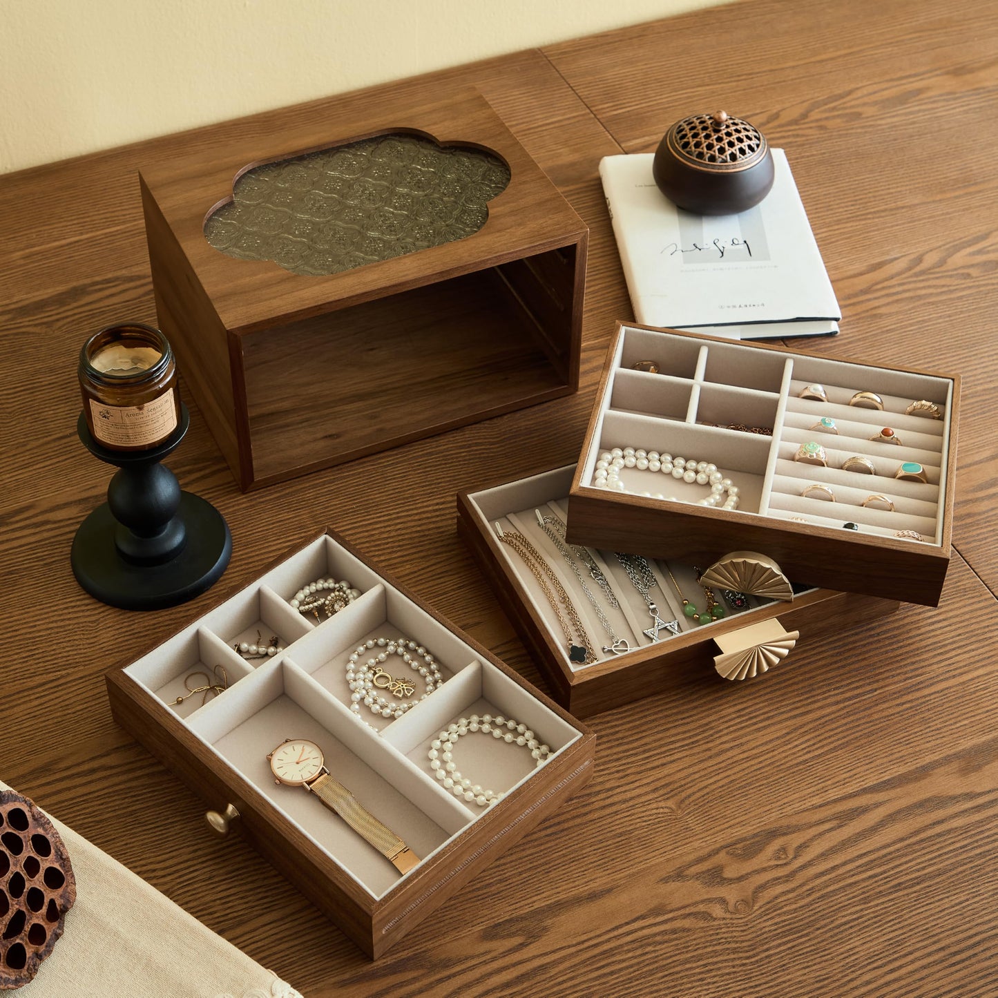 Wenseny Walnut Jewelry Box Organizer with Glass Lid, Wooden Jewelry Storage with Drawers & Metal Pulls - Perfect for Weddings, Birthdays, Mother's Day (3 Layers, Brown)
