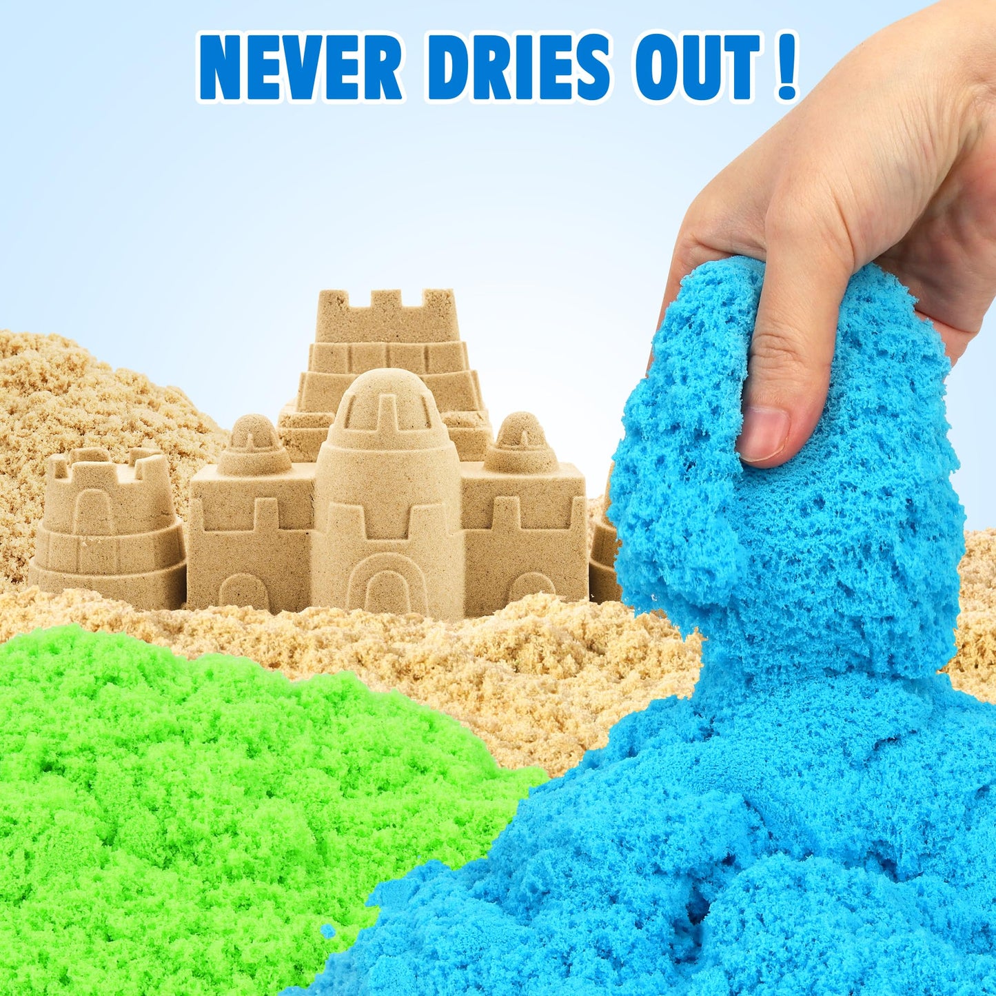 Billeeit 4.4 lbs Play Sand w/Storage Sandbox, 4-Pack(2 Yellow, 1 Blue, 1 Green) Sensory Bin Refill Sand for Shaping, Molding, Pressing, Scooping, Rolling, Self-Sticking Sand Sensory Toy for Kids 3+
