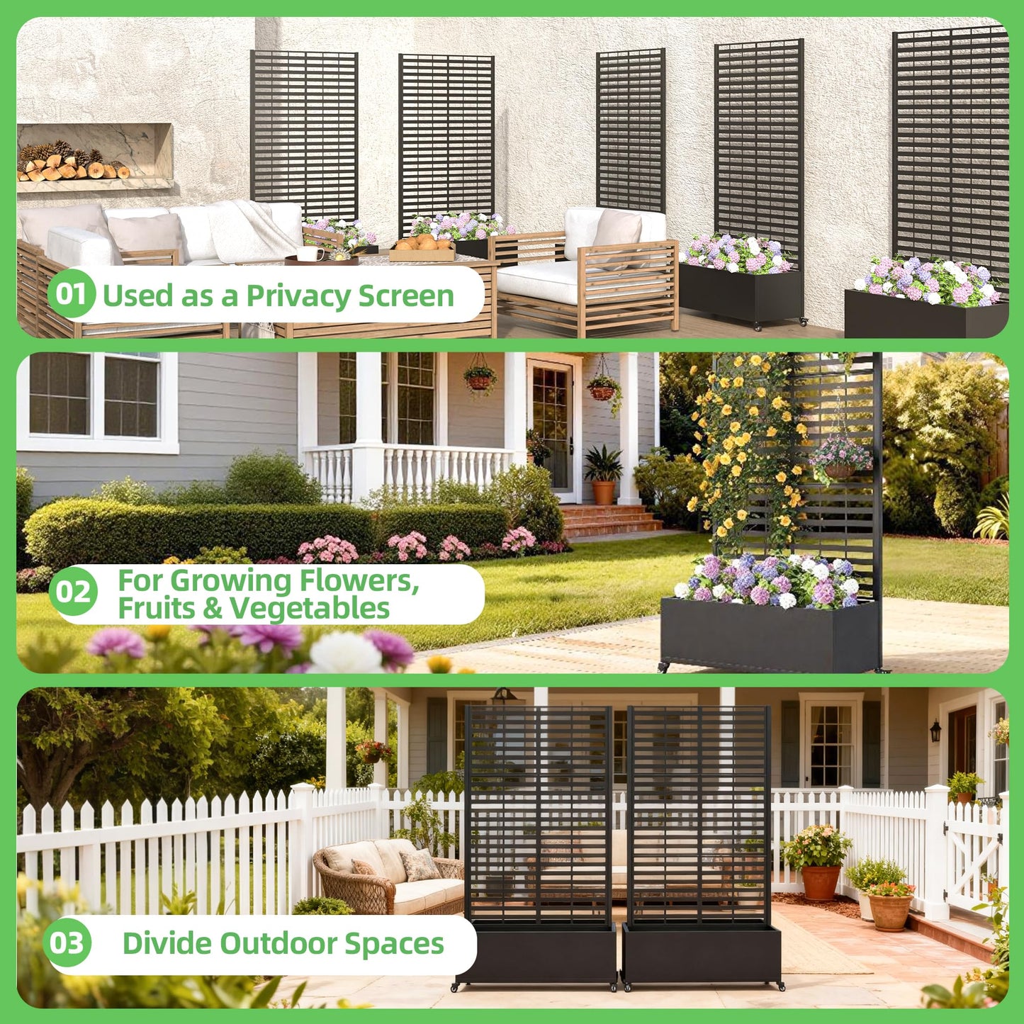 UPHYB Metal Planter Box with Trellis, 73"x 35"x 16" Raised Garden Bed with Wheels and Drainage Holes, Planter with Trellis for Garden, Balcony and Patio, Black Louvered