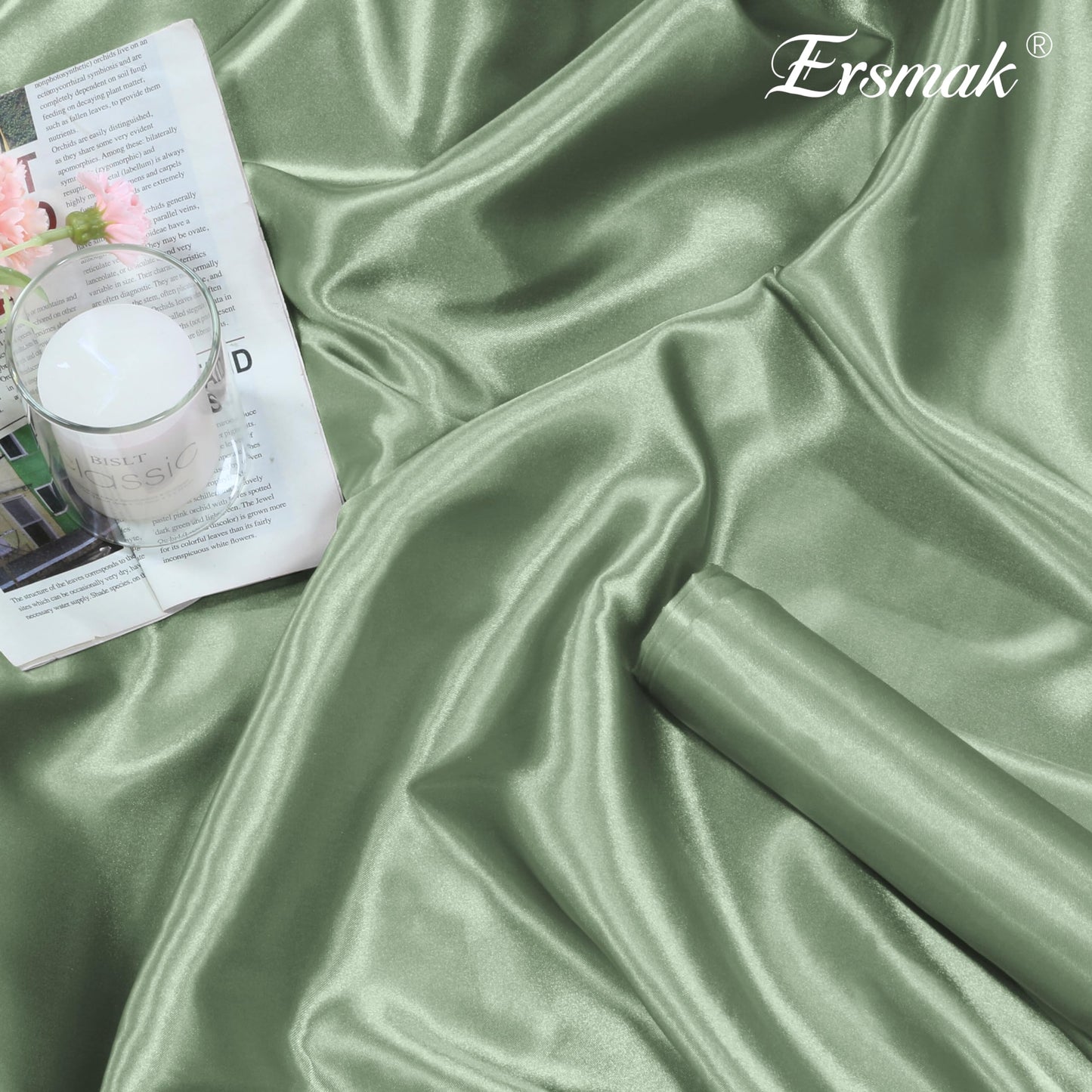 Ersmak Sage Green Satin Fabric by The Yard, 60" Wide Shiny & Soft Charmeuse Silky Satin Fabric for DIY Craft, Wedding Decorations, Sewing, 10 Yard