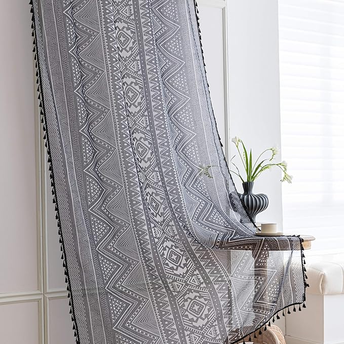 Black Geometric Sheer Curtains 63 inch Long, Fringed Edges and Textured Semi Sheer Curtains Large Window Treatments for Living Room/Bedroom, 2 Panels