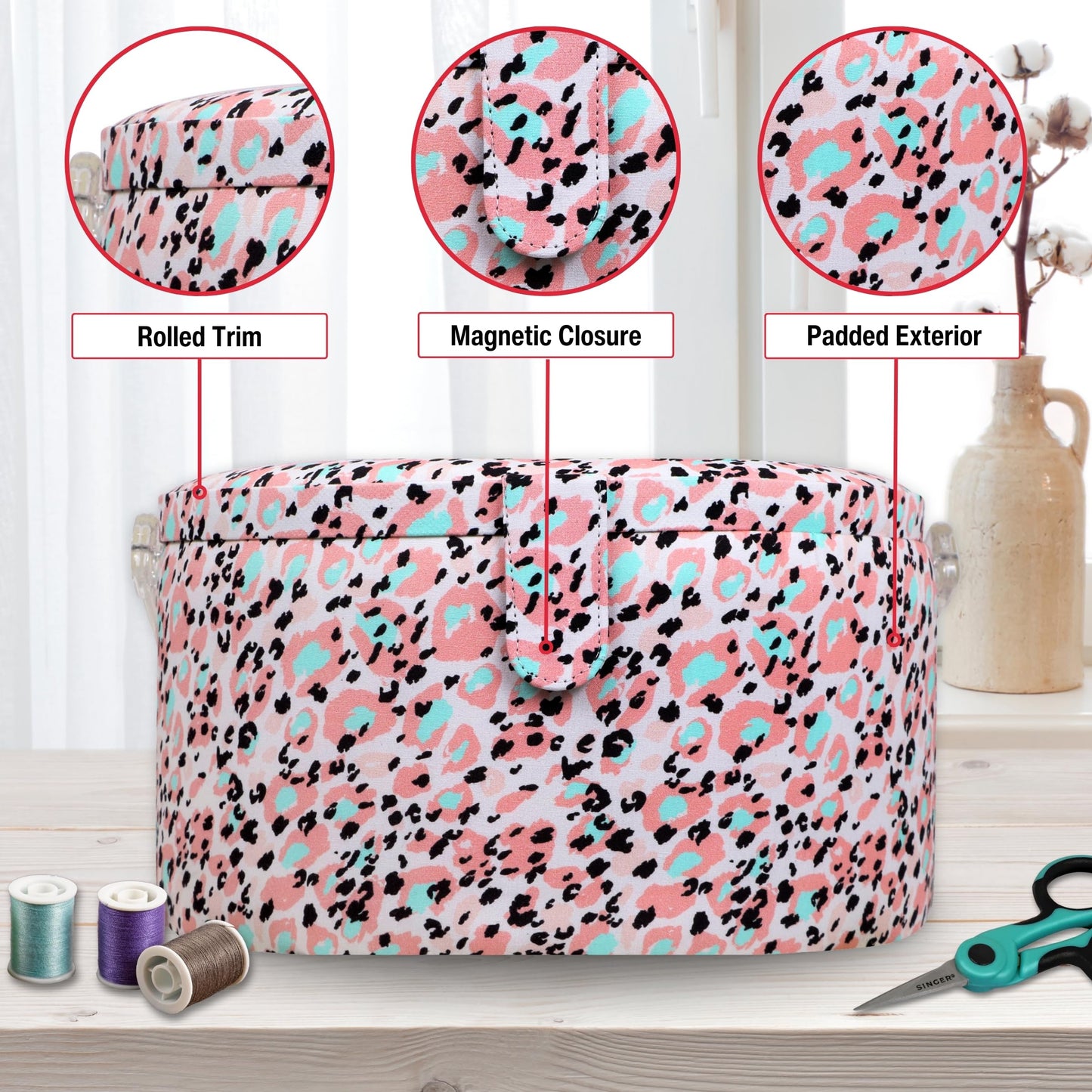 SINGER Large Round Sewing Basket with Emergency Travel Sewing Kit & Matching Zipper Pouch - Rose Pink Leopard Print