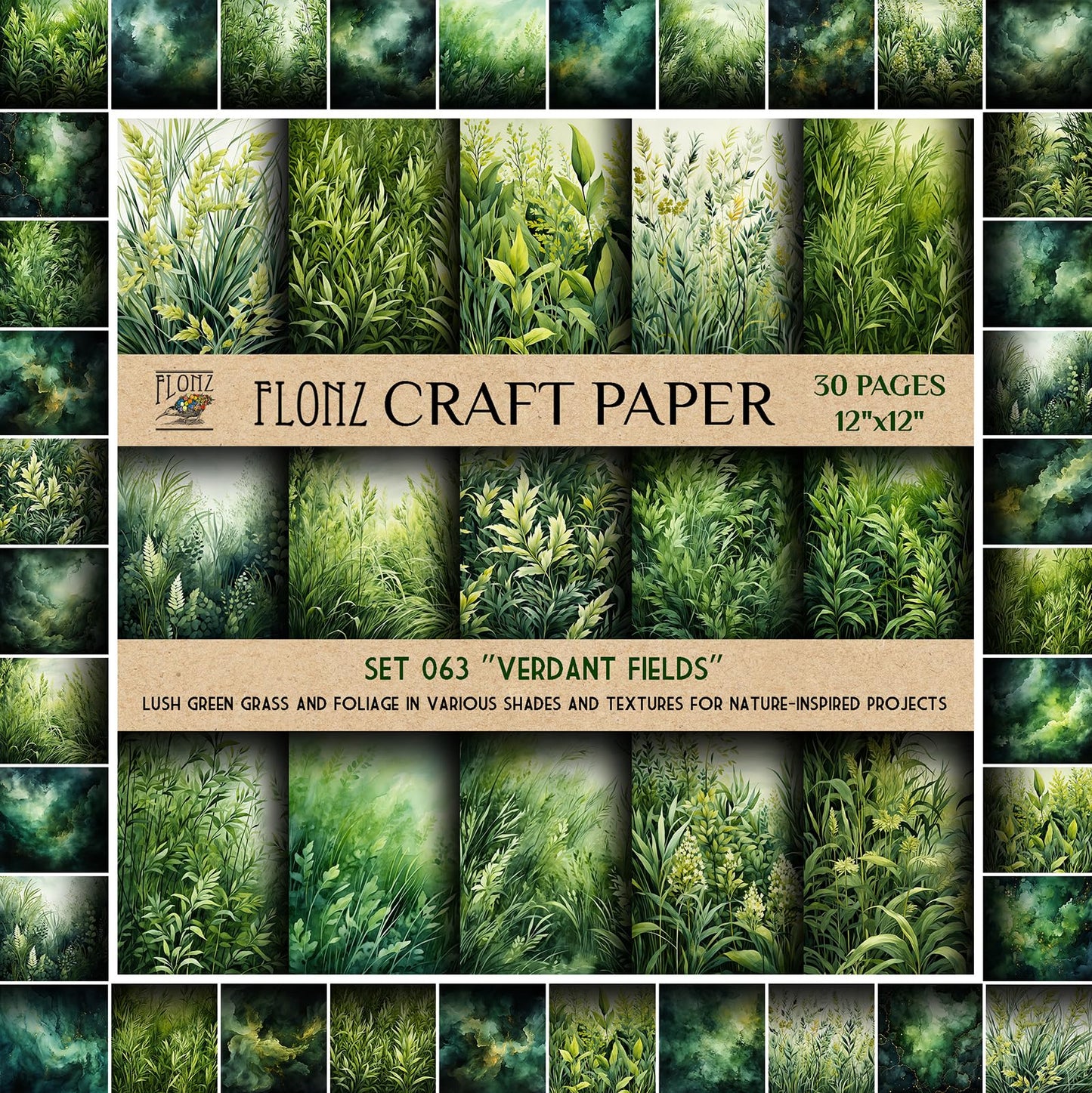Scrapbook Paper (30 Pages 12"x12") Verdant Fields: Lush Green Grass and Foliage in Various Shades and Textures for Nature-Inspired Projects FLONZ Vintage Styled Double Sided Paper Pad for Craft