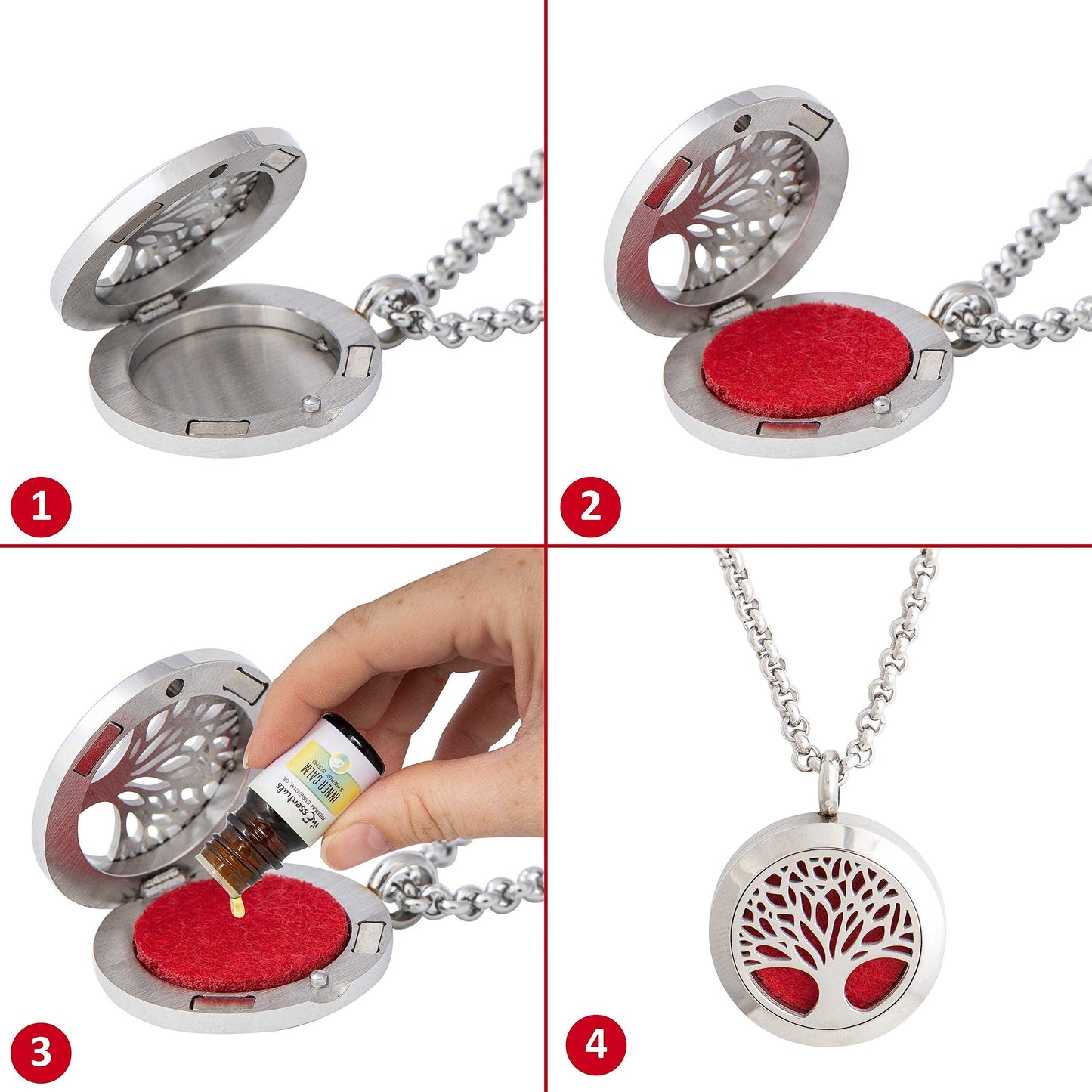Wild Essentials Tree of Life Essential Oil Diffuser Necklace, Stainless Steel Locket Pendant with 24 inch Chain, 12 Color Refill Pads, Customizable Color Changing Perfume Jewelry for Aromatherapy
