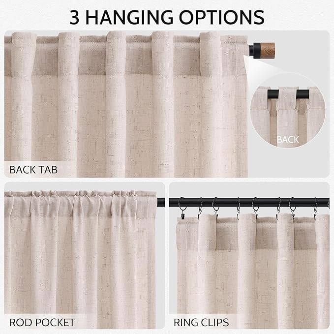 Nanspring Natural White Linen Curtains 102 Inches Long for Living Room Light Filtering Farmhouse Decor Curtains Back Tab Neutral Privacy Sheer Curtain for Bedroom Office 52x102, 2 Panels