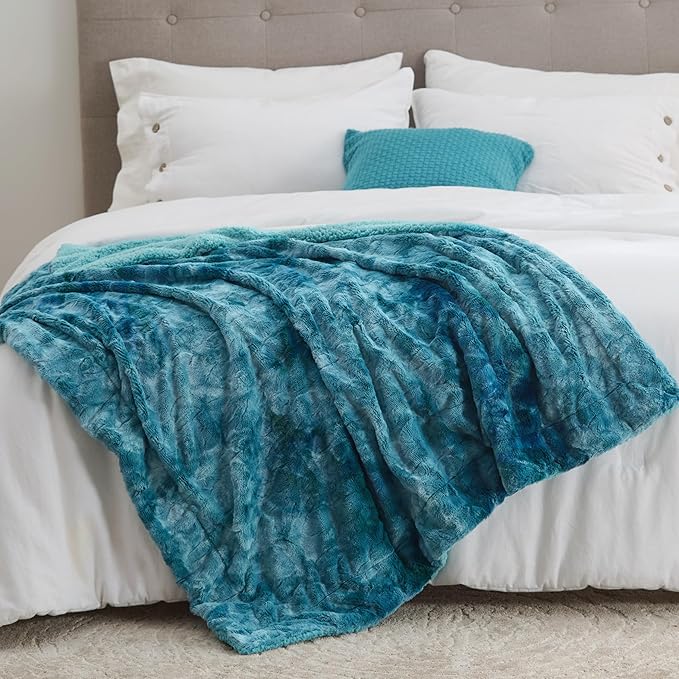 Bedsure Sherpa Blanket Twin Size - Soft, Fuzzy & Fluffy Faux Fur - Warm, Cozy Blanket for Couch, Sofa and Bed, Tie Dye Design, Teal, 60x80 Inches