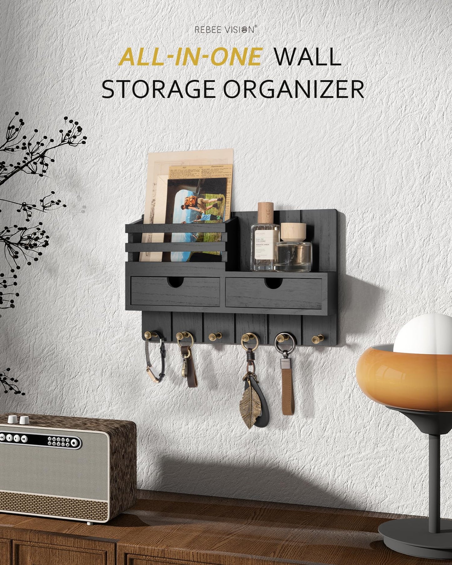 Rebee Vision Decorative Key Holder Wall Mount with 2 Drawer Organizer - Modern Mail Organizer with 6 Key Hooks & Shelf - Home Decor Aesthetic for Apartment Essentials (Black)
