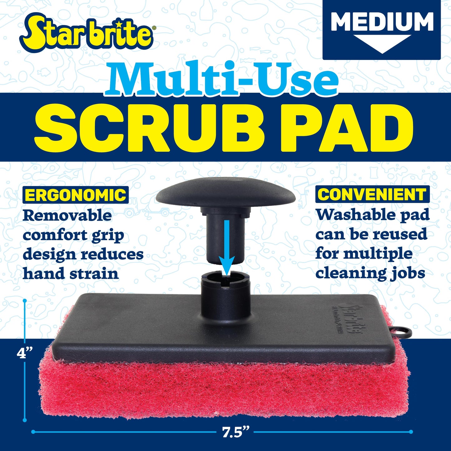 STAR BRITE All-Purpose Medium (Red) Scrubber Pad - Available in Medium, Fine & Coarse Textures with Ergonomic Handle for Boats, Teak, and Outdoor Cleaning (040021P)
