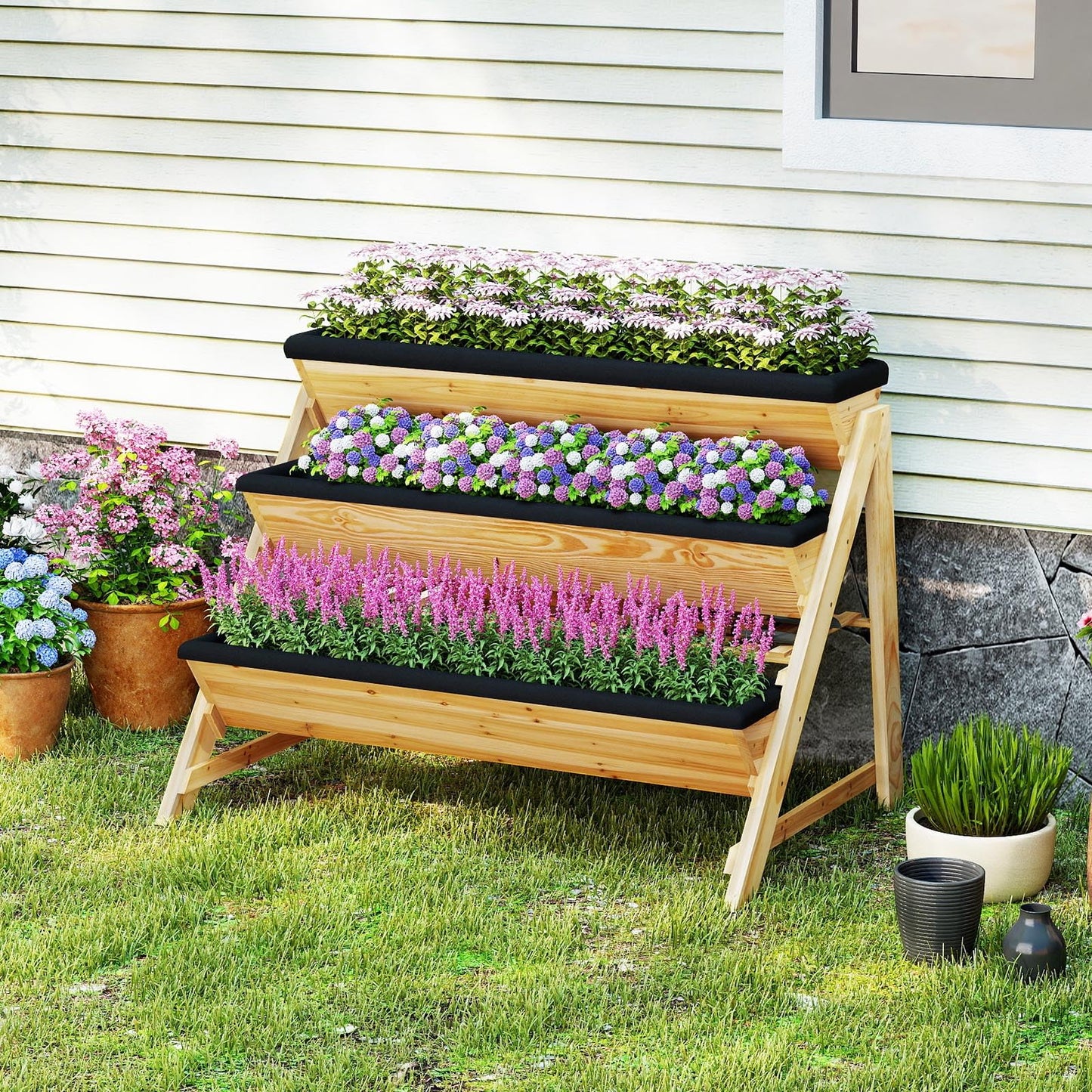 Giantex 3-Tier Vertical Raised Garden Bed, Wood Elevated Planter Box with Legs, Storage Shelf, Liners for Growing Vegetables Herbs Flowers, Indoor Outdoor Freestanding Raised Bed for Patio (Natural)