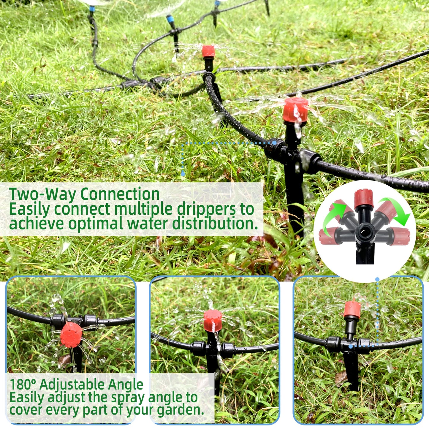 10PCS Push-to-Connect Drip Irrigation Emitters for 1/4 inch Irrigation Tubing, Two-Way Connection Adjustable Drip Emitter Sprayer with Stake, Irrigation Dripper Sprinklers for Drip Irrigation System