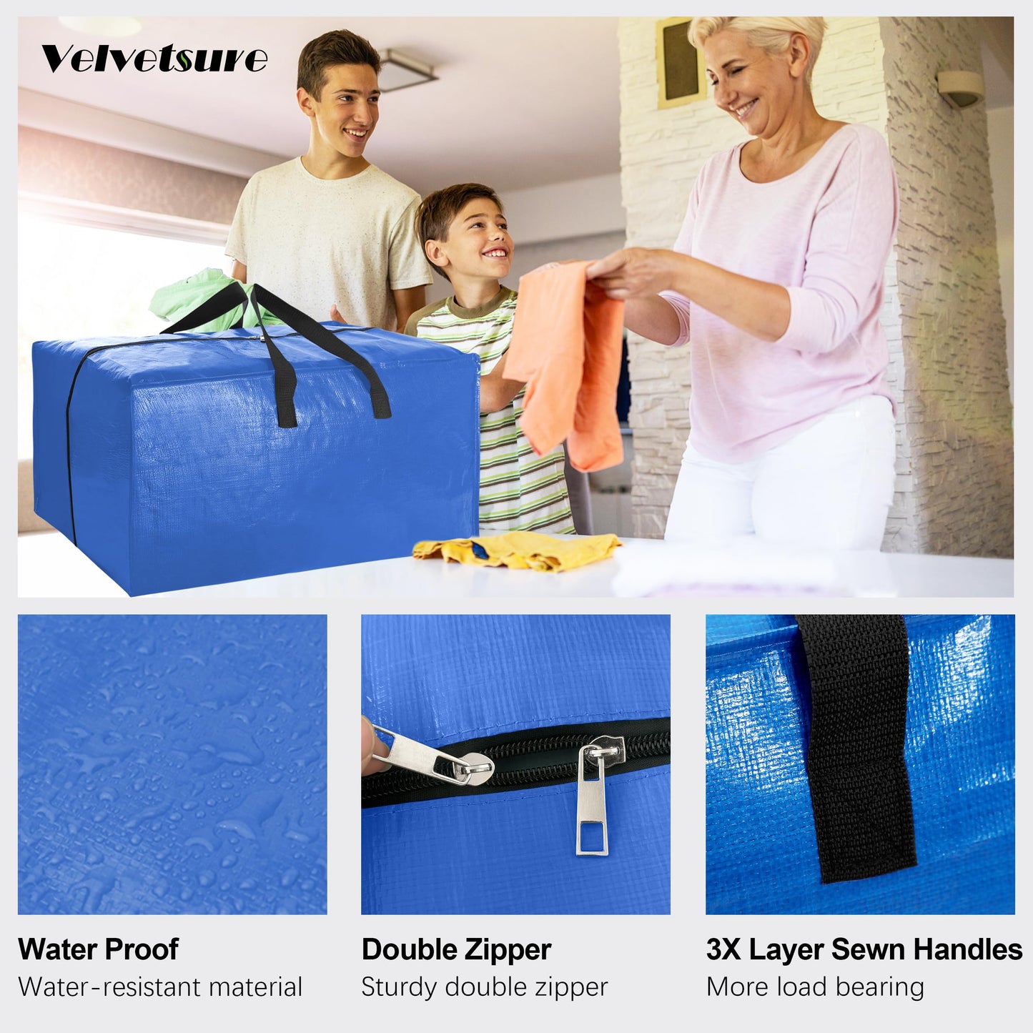 VELVETSURE Heavy Duty Extra Large Moving Bags W/Backpack Straps - Strong Handles & Zippers, Storage Totes For Space Saving, Fold Flat, Alternative to Box and Bin (Set of 6, Multicolor)
