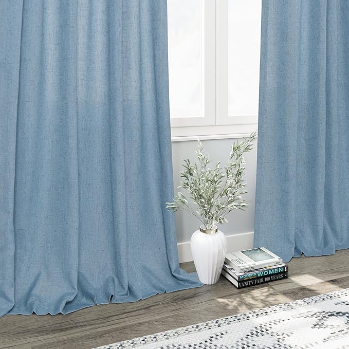 Linen Blue Curtains 120 inch Extra Long for Living Room Back Tab Light Filtering Semi Sheer Drapes Modern Farmhouse Coastal Decor Cotton Textured Curtain for Floor to Ceiling High Window 52x120