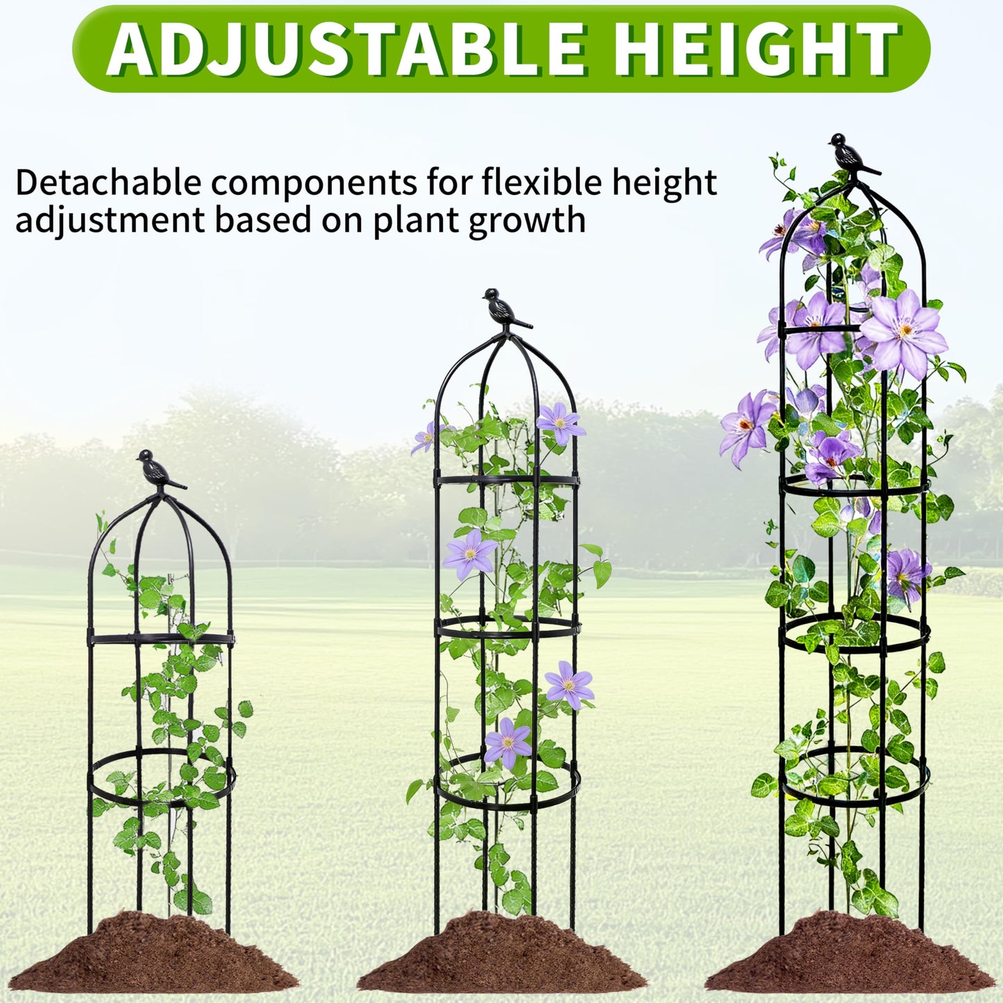 4-Pack 6FT Garden Obelisk Trellis for Climbing Plants,Adjustable 4-Tier Metal Plant Support,Rustproof Outdoor Plant Tower with 3 Decorative Tops for Roses,Tomatoes,Clematis & Vines,Black