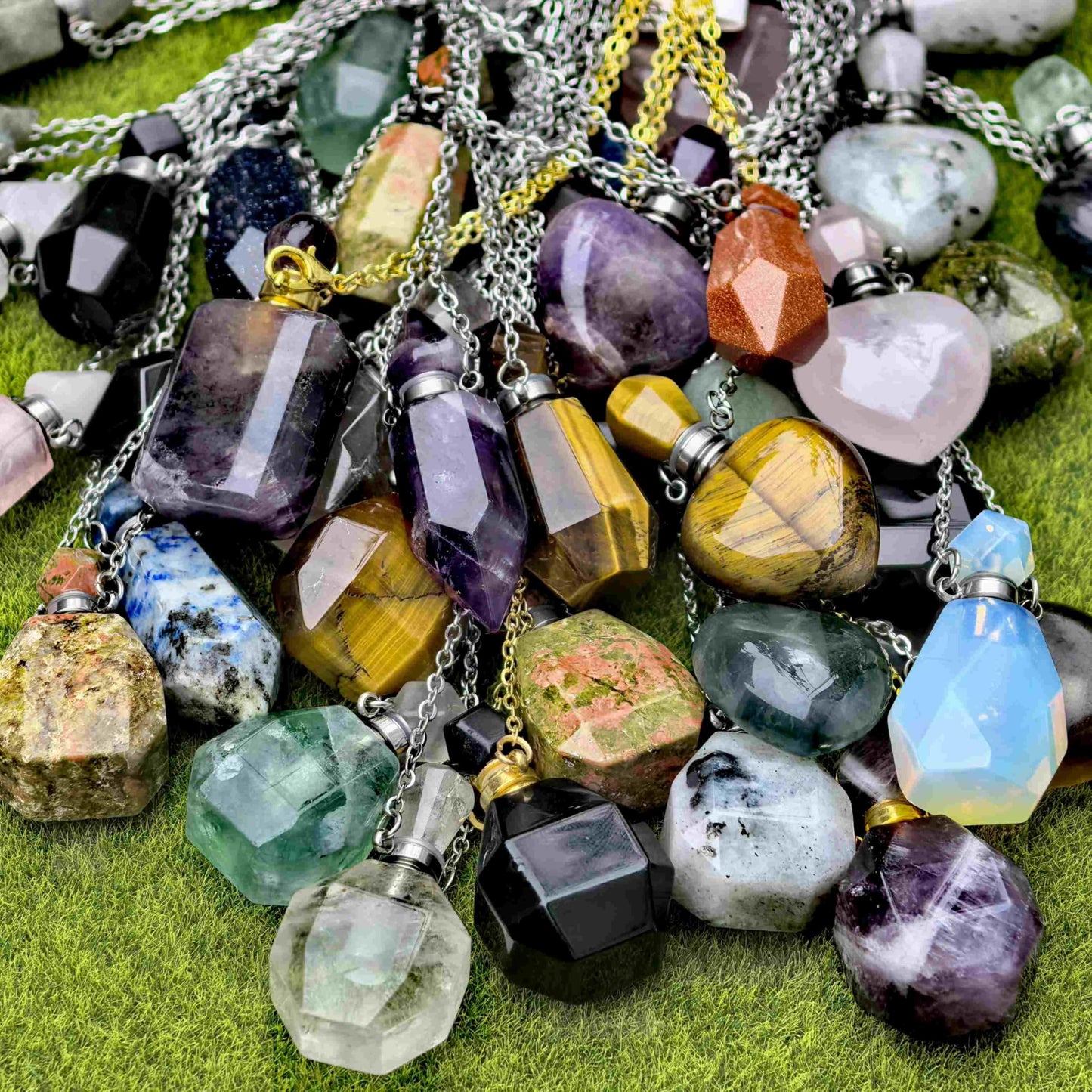 Crystal Quartz Perfume Bottle Pendant Necklace, Essential Oil Diffuser Vial jewelry, Reiki Healing Crystal accessories Gift for Women (golden chain/cusp,tiger's-eye)