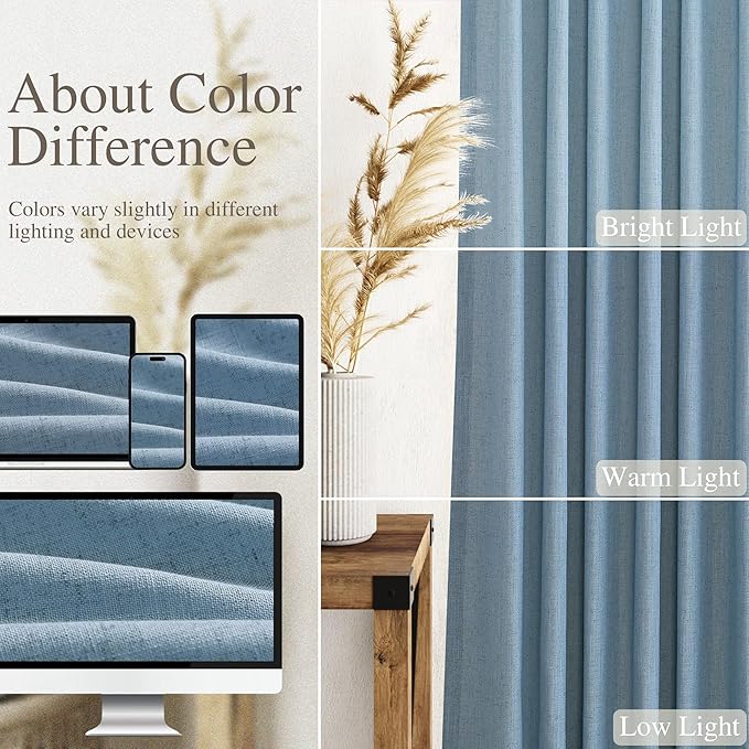 2 Panels Set Dusty Blue Linen Curtains 105 Inches Long for Living Room Extra Long Back Tab Curtains Neutral Farmhouse Light Filtering Semi Sheer Linen Drapes Ceiling to Floor for Large Window