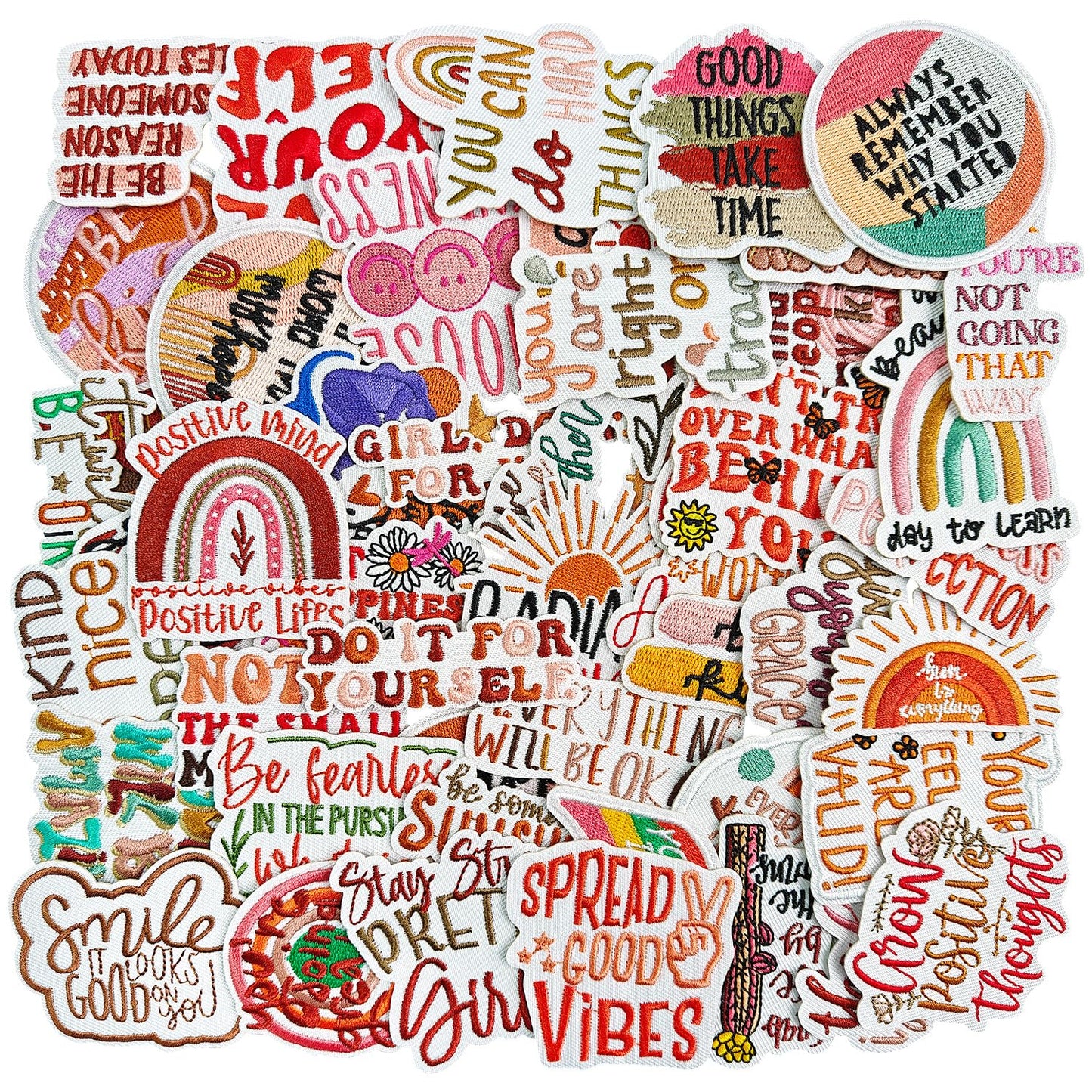 50 Pcs Boho Iron on Patches for Girls, Embroidered Patches with Positive Affirmations for Sew on or Iron on for Jeans, Jackets, Hats, Backpacks