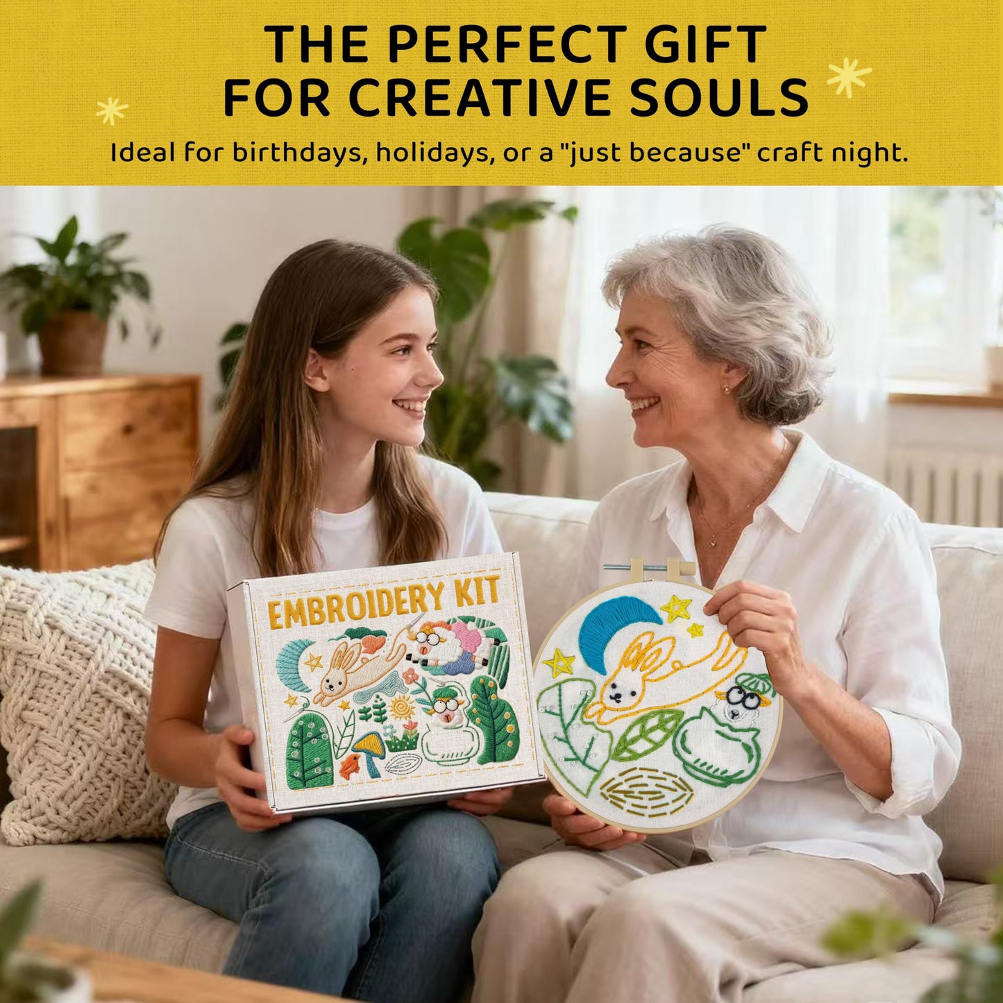 Complete Embroidery Kit for Beginners & Adults with Printed Water-Soluble Patterns, Threads, Fabric, Tools & Video Tutorials, Easy DIY Craft Kit for Learning Stitches, Accessories & Handmade Gifts