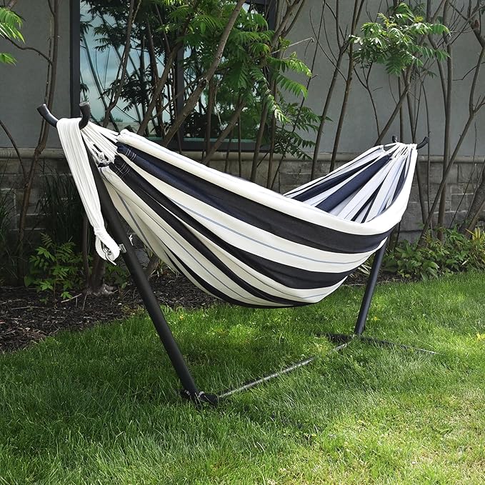 Vivere Double Sunbrella Hammock with Space-Saving Steel Stand, Heavy-Duty Portable Outdoor Hammock Set for Backyard, Patio, or Travel, Harbor