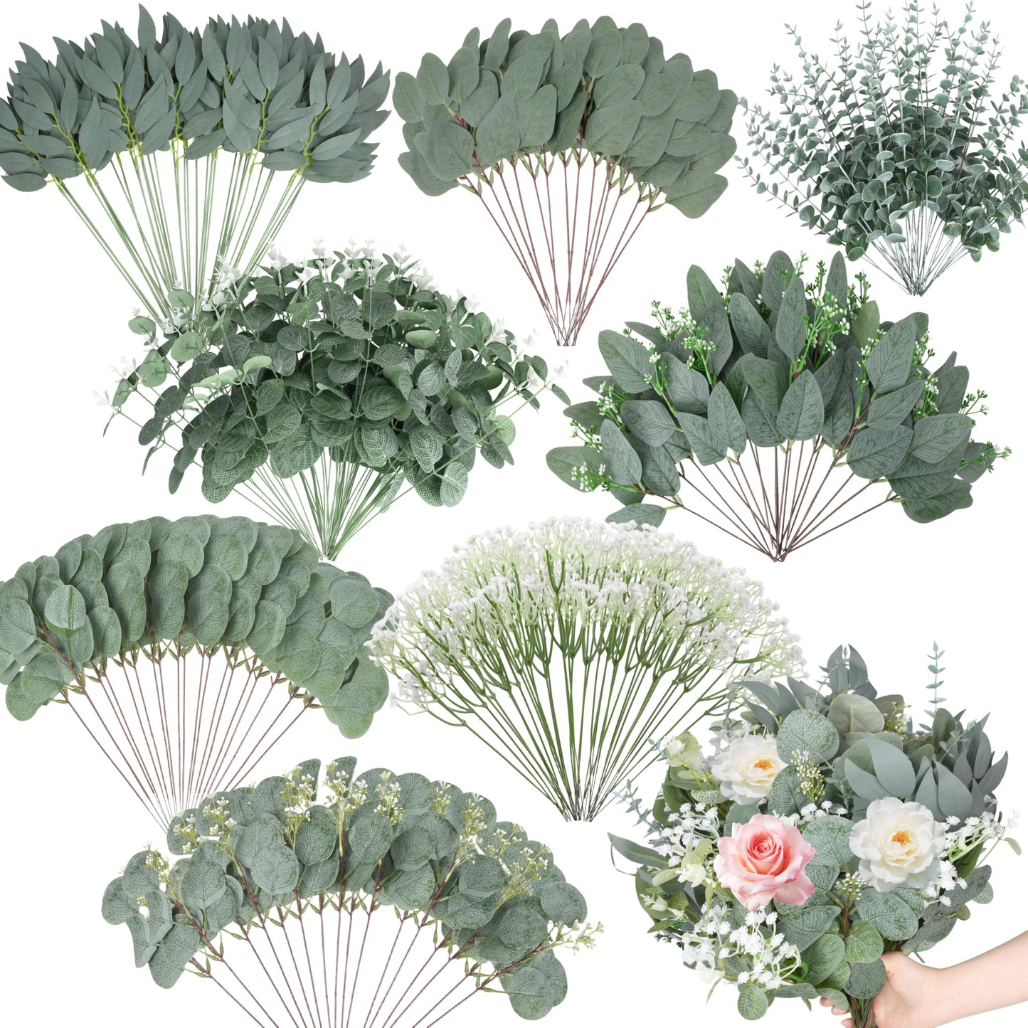 200 Pcs 8 Kinds Mixed Artificial Eucalyptus Stems Bulk Fake Silver Dollar Eucalyptus White Seeds Stems Bundle Faux Plants Greenery for DIY Bouquets Floral Arrangement Wedding Engagement Party Decor