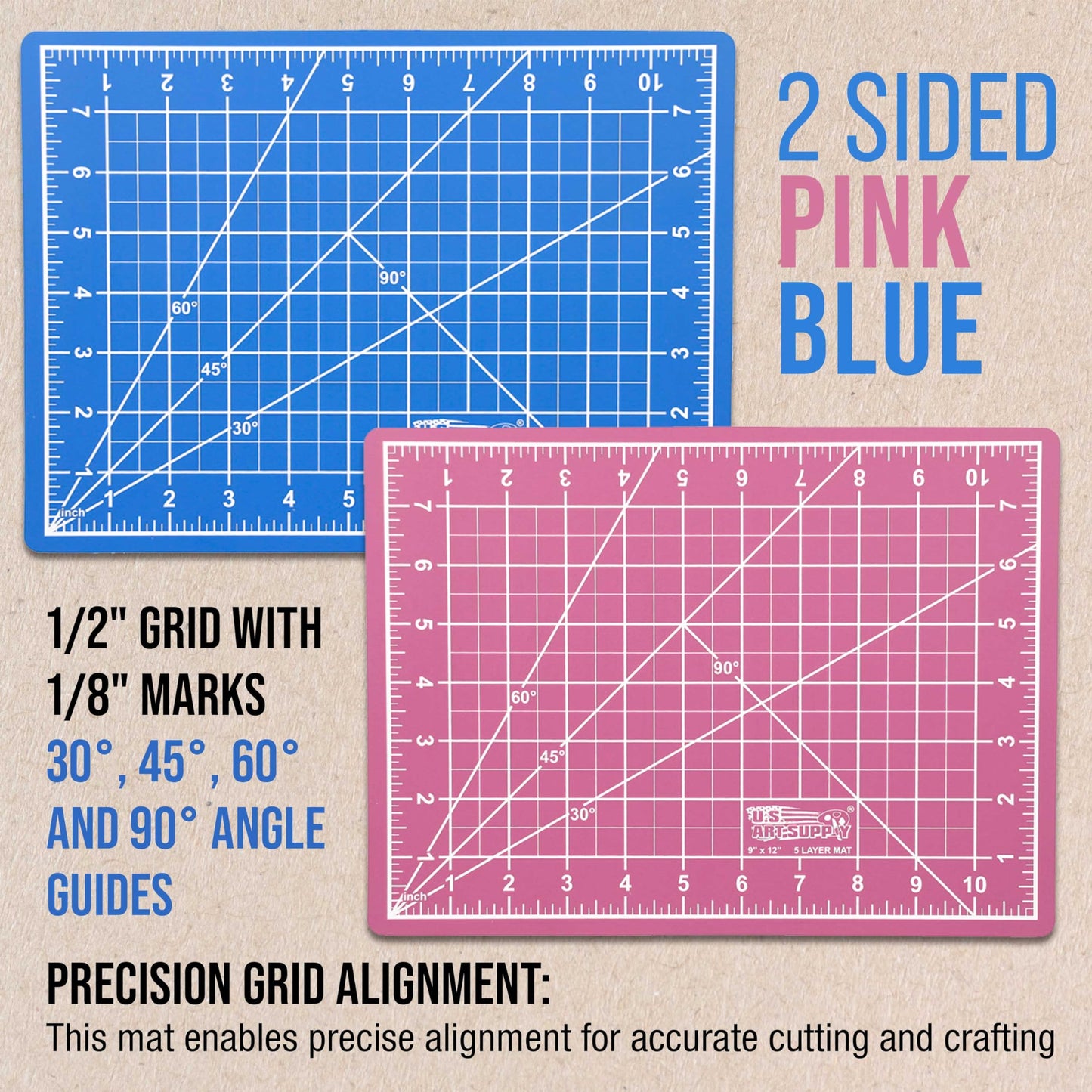 U.S. Art Supply 9" x 12" Self-Healing Cutting Mat 5-Ply (2 Pack) - Double-Sided Pink/Blue Craft Mat, Non-Slip Cutting Mats for Crafts, Sewing, Quilting, Scrapbooking