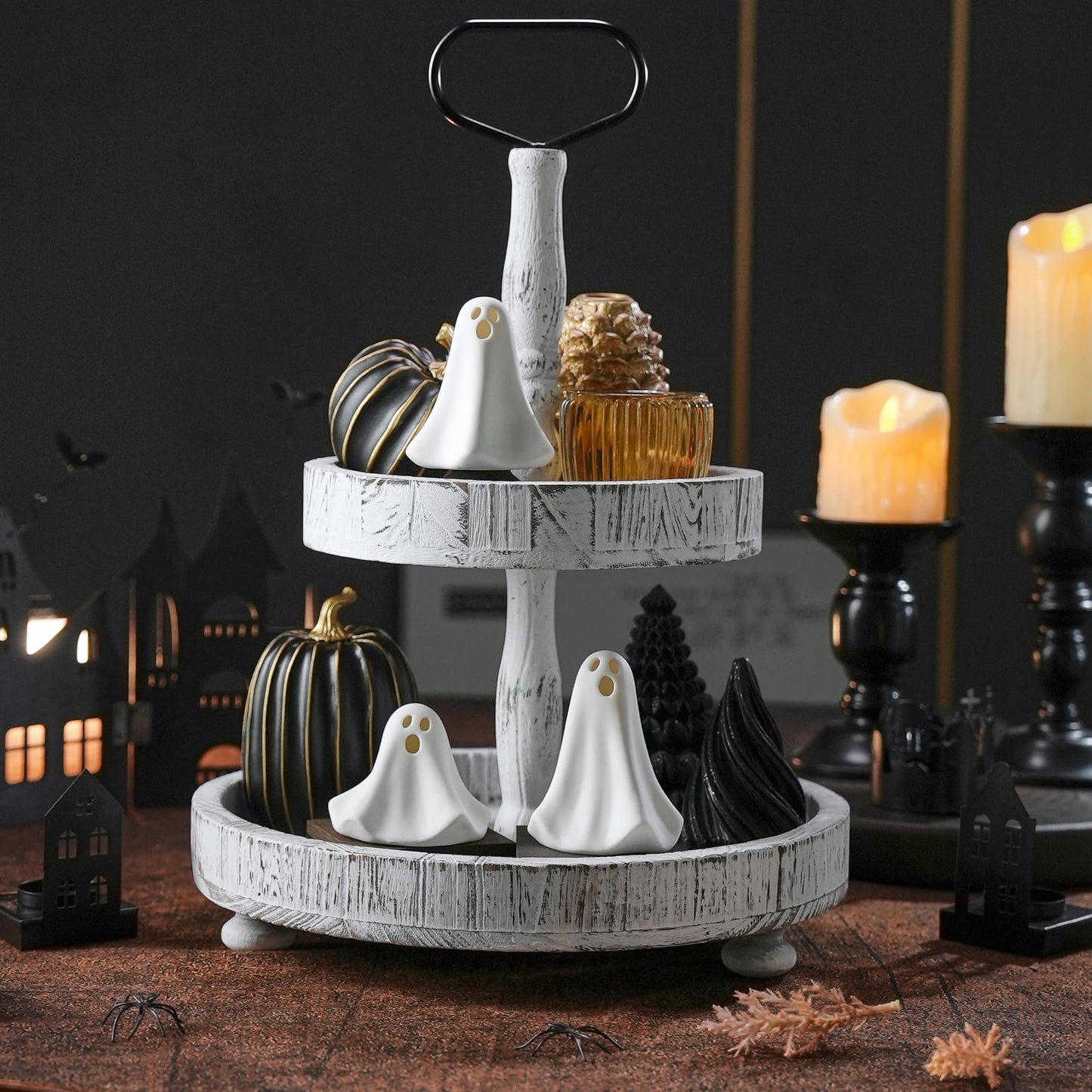 AOMOONOA Ceramic Ghost Decor, 3Pcs Light Up Ghosts for Indoor Halloween Decorations, Battery Powered White Mini Ghost Figurines with LED for Spooky Halloween, Home Tabletop Shelf Centerpieces