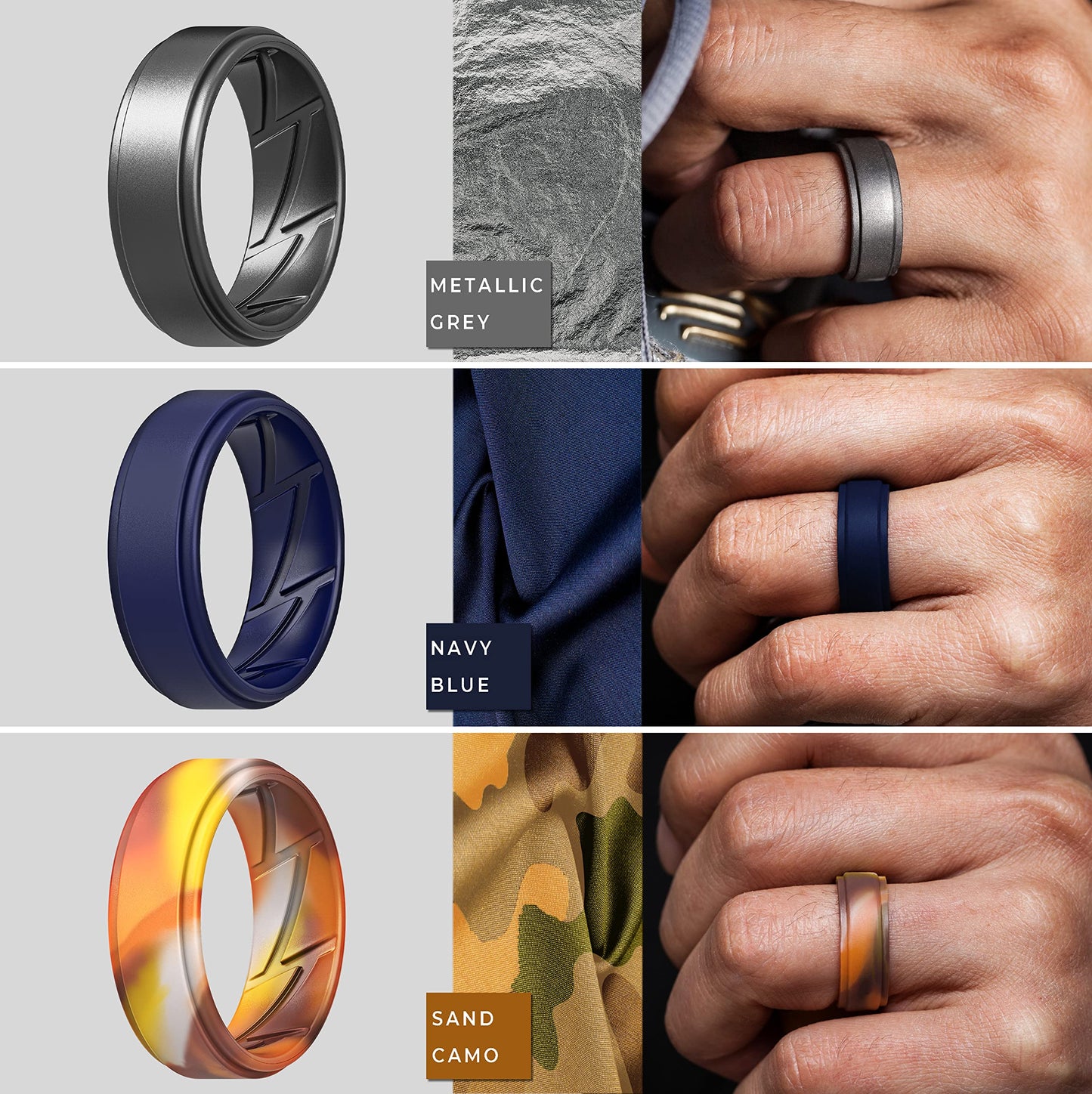 ThunderFit Silicone Wedding Rings for Men Breathable Airflow Inner Grooves, Step Edge Sleek Design Rubber Engagement Bands 8mm Wide 2mm Thick, Variety Multipack 1-7