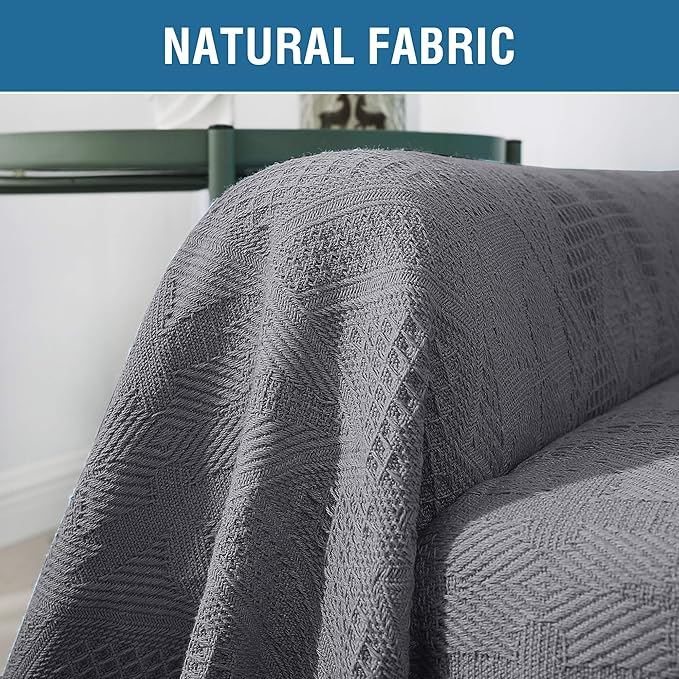 H.VERSAILTEX Cotton Sofa Covers Couch Cover Sofa Slipcover for Most Shape Sofas, Feature Thick Woven Jacquard Seamless with Tassels, Multi-Use Decorative for Couch (X-Large: 71" x 118", Grey)