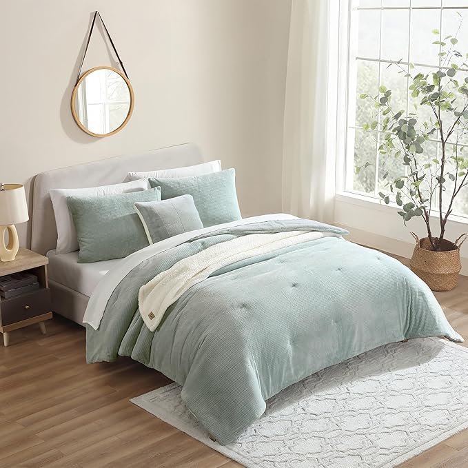 UGG Remina Comforter Set 5 Piece Bed in a Bag with Throw Blanket, Decorative Pillow, Shams, and Reversible Comforter Hypoallergenic Washable Luxury Fluffy Bedding, Full/Queen, Blue Green Clear Creek