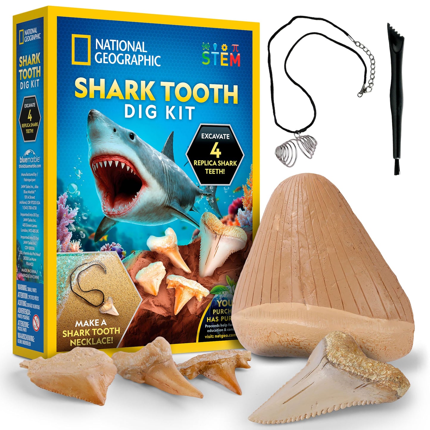 National Geographic Shark Tooth Dig Kit – Excavate Replica Teeth Fossils from Ancient Sharks and Make a Shark-Tooth Necklace, STEM Science Kit for Kids Ages 6-8, Educational Fossil Dig Activity