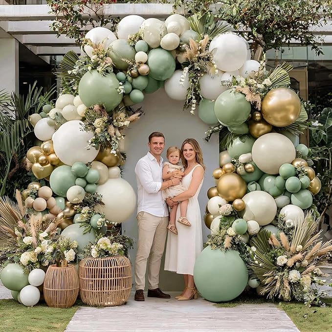 Dusty Green & White Gold Balloon Arch Kit, Double Stuffed – Sage Green, Sand White, Beige, Olive & Metallic Latex Balloons for Baby Shower, Bridal & Wedding