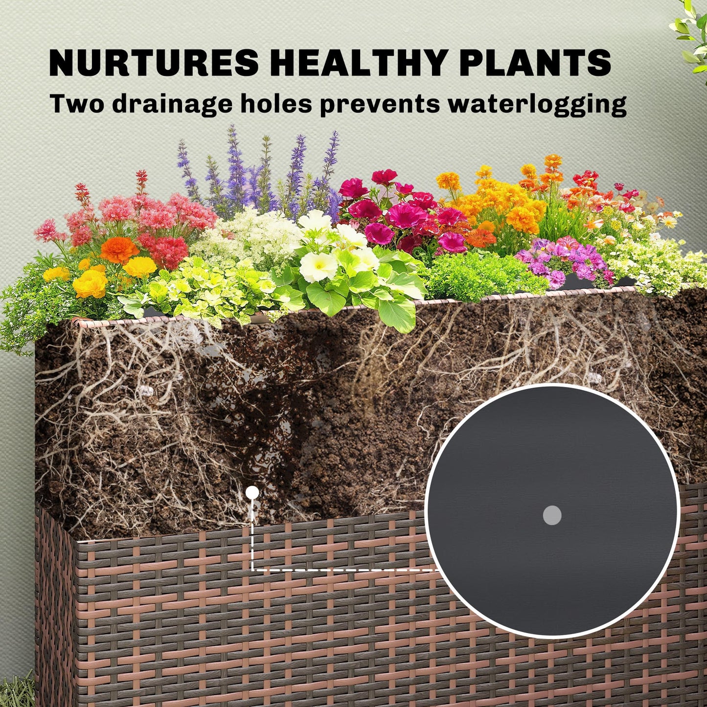 Outsunny Tall Rectangular Planter with Removable Liner, PE Wicker Large Planters for Outdoor Plants, Freestanding Indoor Outdoor Planter Box with Drainage Holes for Flowers, Vegetables, Brown