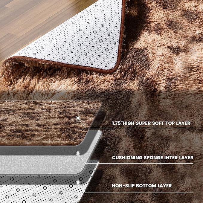 Large Shag Rugs 9X12, Plush Fuzzy Area Rugs for Living Room, Large Shag Fluffy Bedroom Carpet, Furry Rugs for Girls Boys Kids Room, Extra Large Fuzzy Rug, Shag Carpet, Tie-Dyed Brown