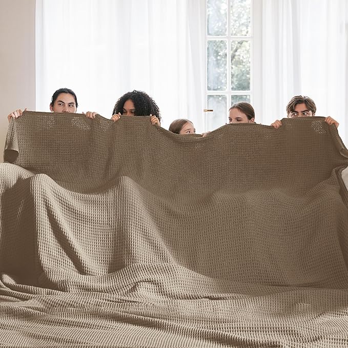 Bedsure 100% Cotton Large Blanket Oversized King for Bed - Breathable Waffle Weave Blanket for Summer Spring, Couch Cover, Tan, 120x94 inches