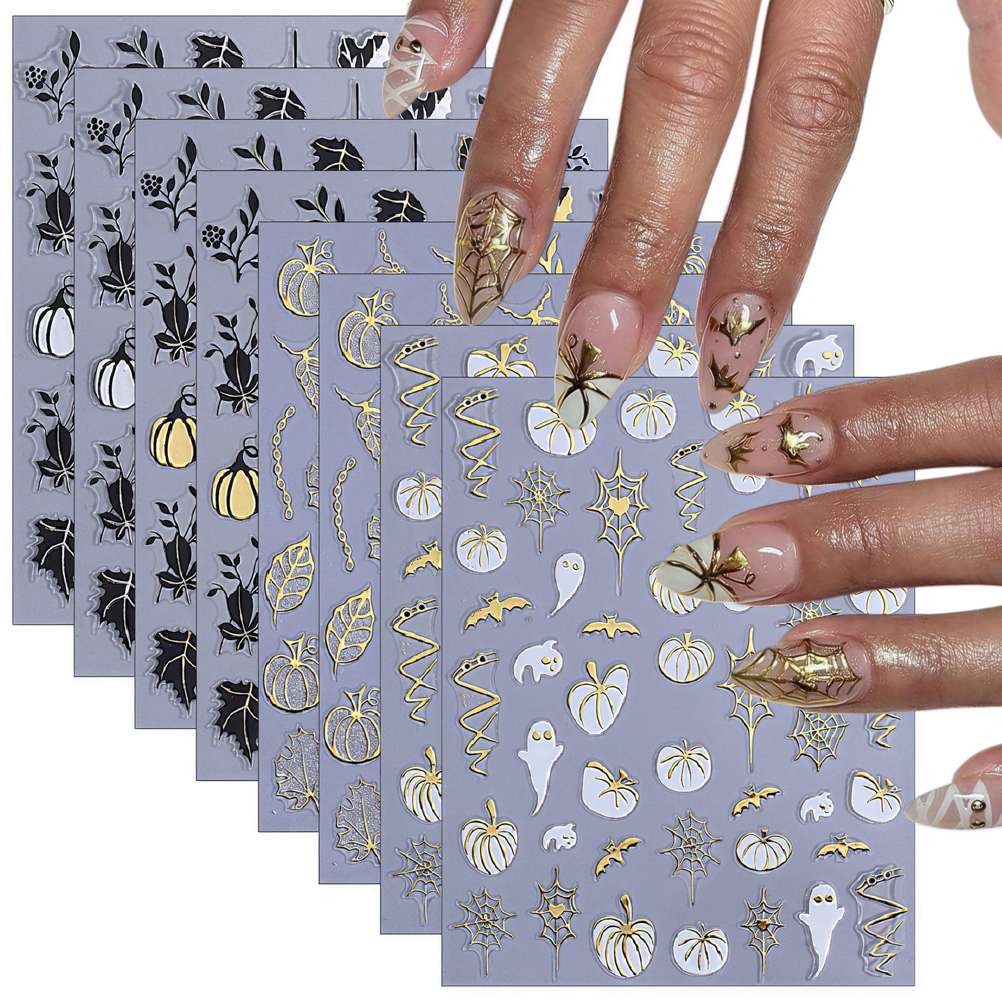 8 Sheets Halloween Nail Stickers 3D Self-Adhesive Glitter Pumpkin Ghost Black Leaf Nail Decals Gold Silver Pumpkin Spider Web Bat Design Nail Stickers for Halloween Party DIY Manicure Kit Decoration