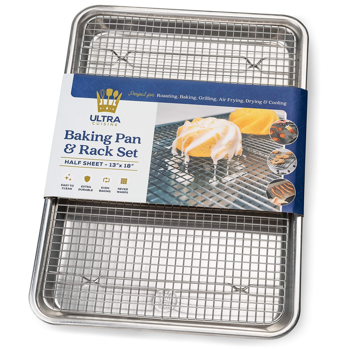 Ultra Cuisine Aluminum Baking Sheet with Stainless Steel Cooling Rack Set -Half Sheet Size Pan 13 x 18 inch, Durable Rimmed Sides, Easy Clean, Commercial Quality for Cooking and Roasting