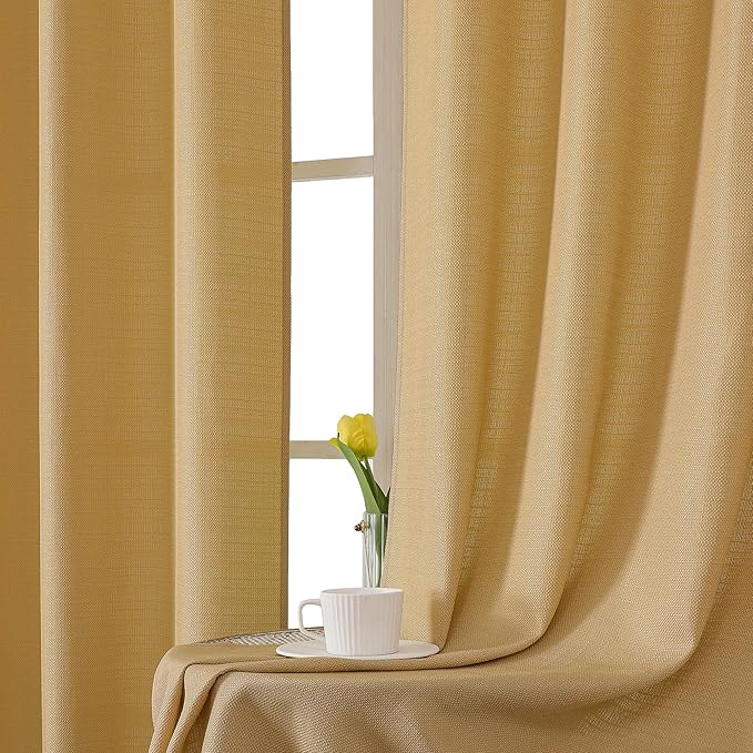 Chyhomenyc Gold Curtains 45 Inch Length 2 Panels, Faux Linen Textured Semi Sheer Light Filtering Soft Airy Rod Pocket Window Treatment Drapes for Living Room Bedroom, Each 30" Wx45 L