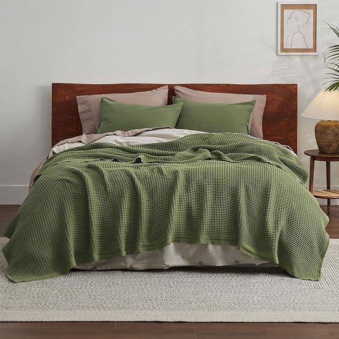 Bedsure 100% Cotton Blanket King Size for Bed - Breathable and Soft, Waffle Weave Blanket for Summer Spring, Olive Green, 104x90 inches