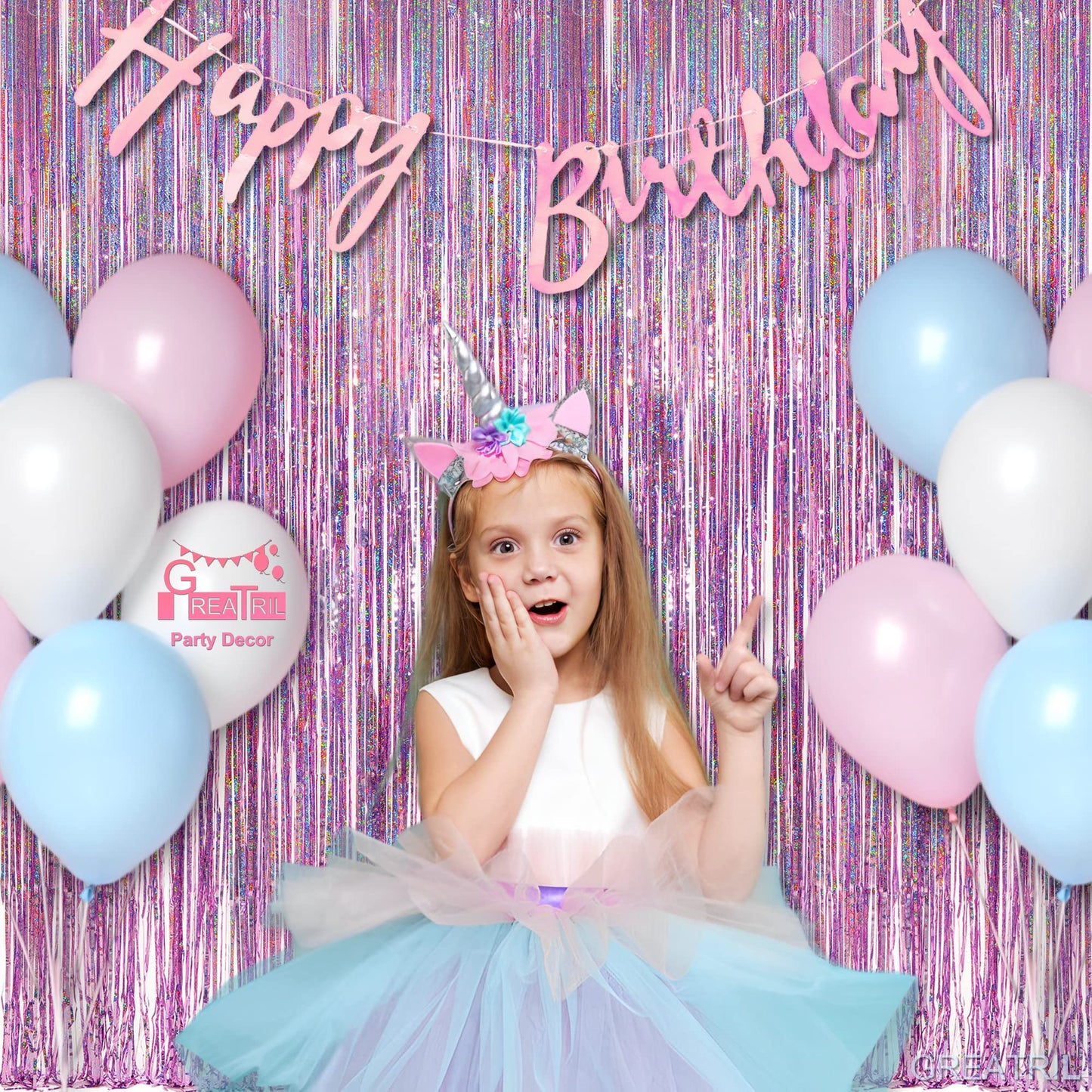 Pink Tinsel Curtain Party Backdrop - GREATRIL Foil Fringe Curtain Lilac Pink Party Streamers for Birthday Girl Themed Party Decorations - 2 Packs