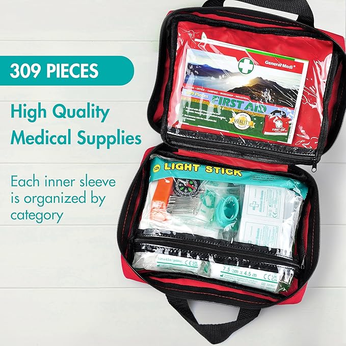General Medi First Aid Kit -309 Pieces- Reflective Bag Design - Including Bandages, Moleskin Pad and Emergency Blanket for Travel, Home, Office, Car, Camping, Workplace