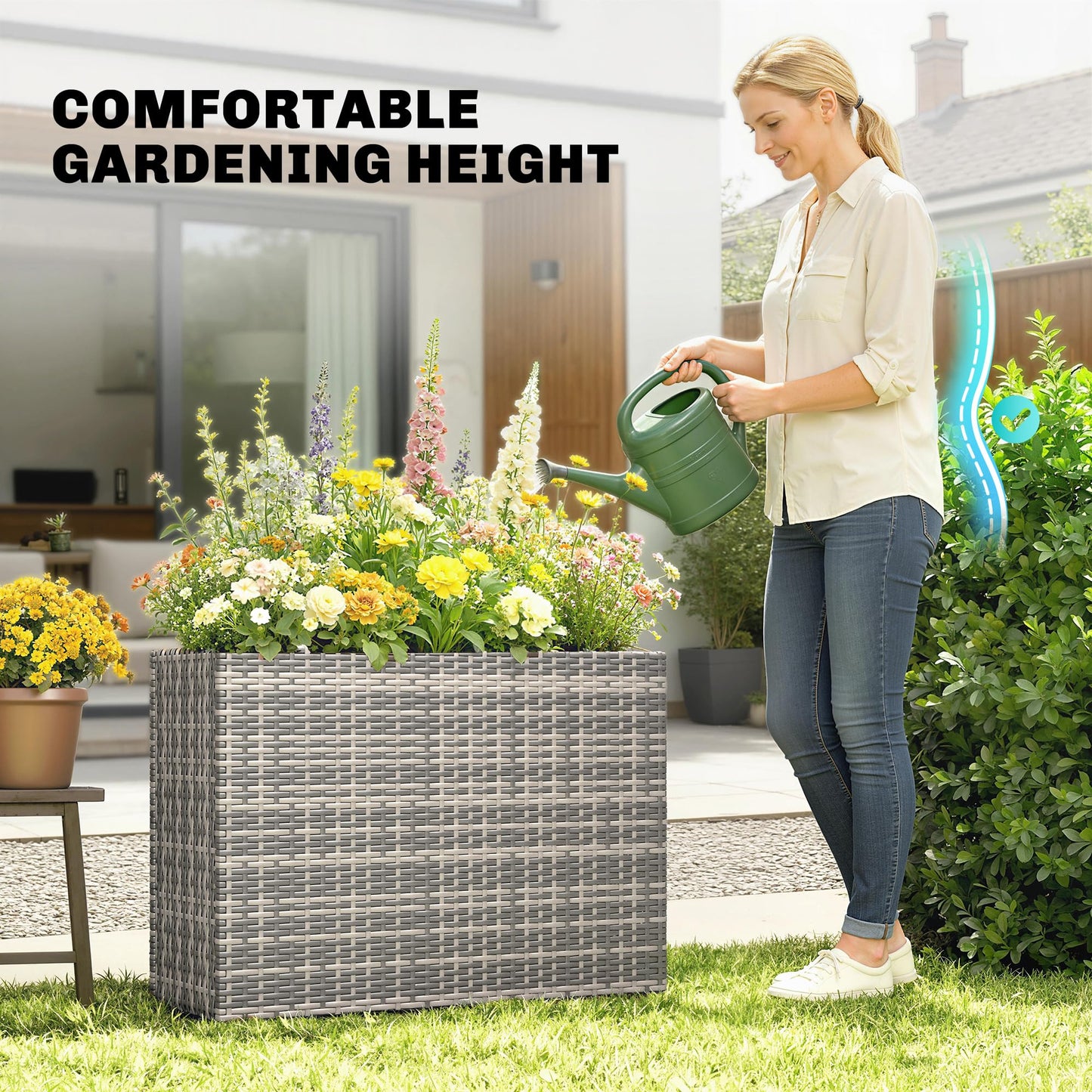 Outsunny Tall Rectangular Planter with Removable Liner, PE Wicker Large Planters for Outdoor Plants, Freestanding Indoor Outdoor Planter Box with Drainage Holes for Flowers, Vegetables, Gray