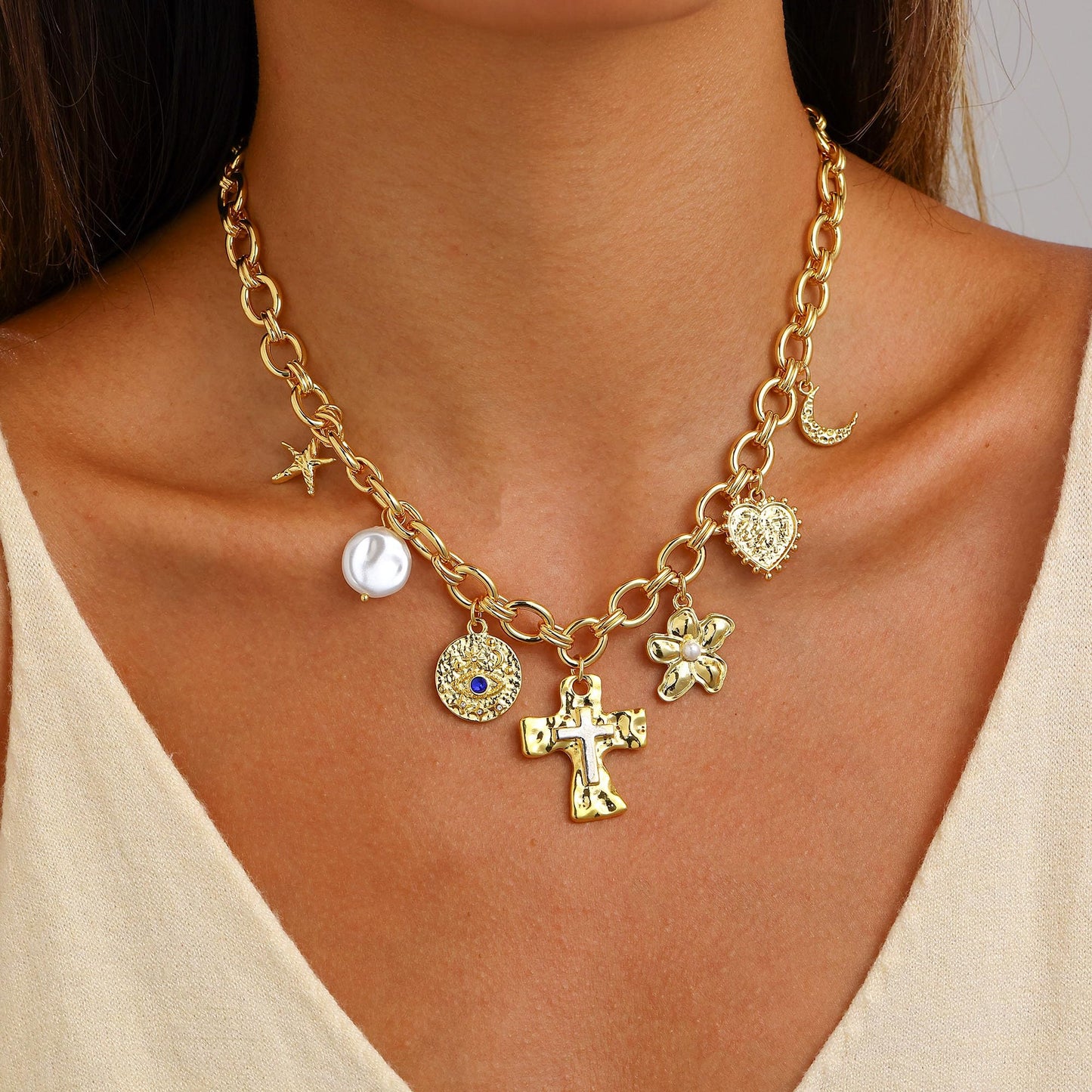 Chunky Charm Cross Pearl Necklace For Women Seashell Shell Starfish Beach Bow 14K Gold Plated Pendant Summer Jewelry (01 Cross)