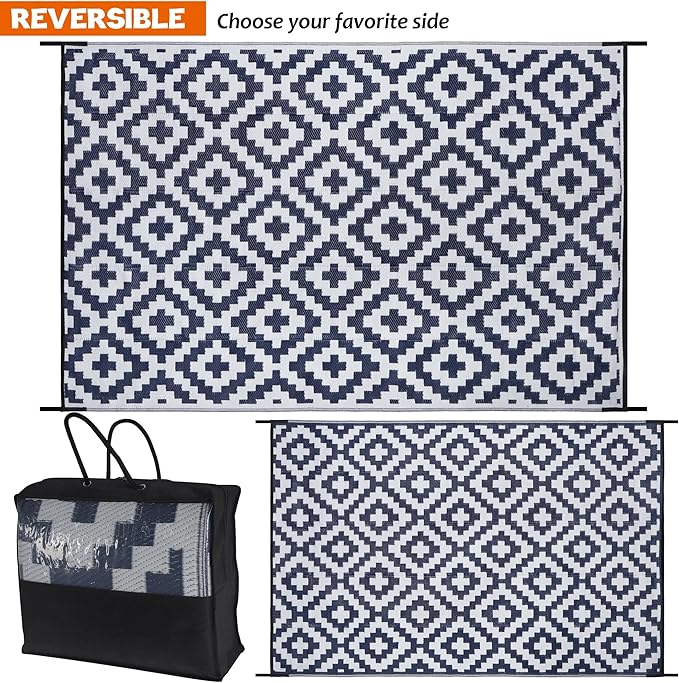 SAND MINE Reversible Mats, Plastic Straw Rug, Modern Area Rug, Large Floor Mat and Rug for Outdoors, RV, Patio, Backyard, Deck, Picnic, Beach, Trailer, Camping, Dark Blue & White, 6' x 9'