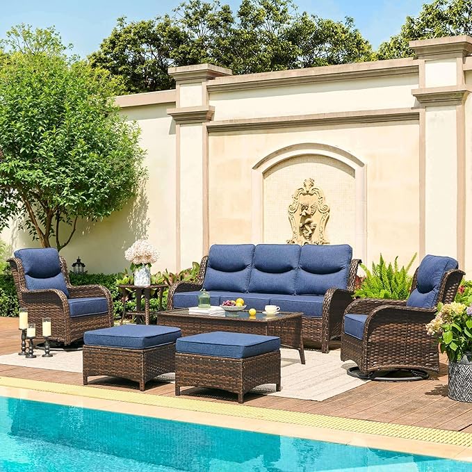 HILLGA Luxury Patio Furniture Set with 6-Inch Thick Cushions, High Back Outdoor Swivel Rocker Chairs and Patio Couch, 7-Piece All Weather Conversation Set for Porch Deck Pool Yard, Blue (V3)