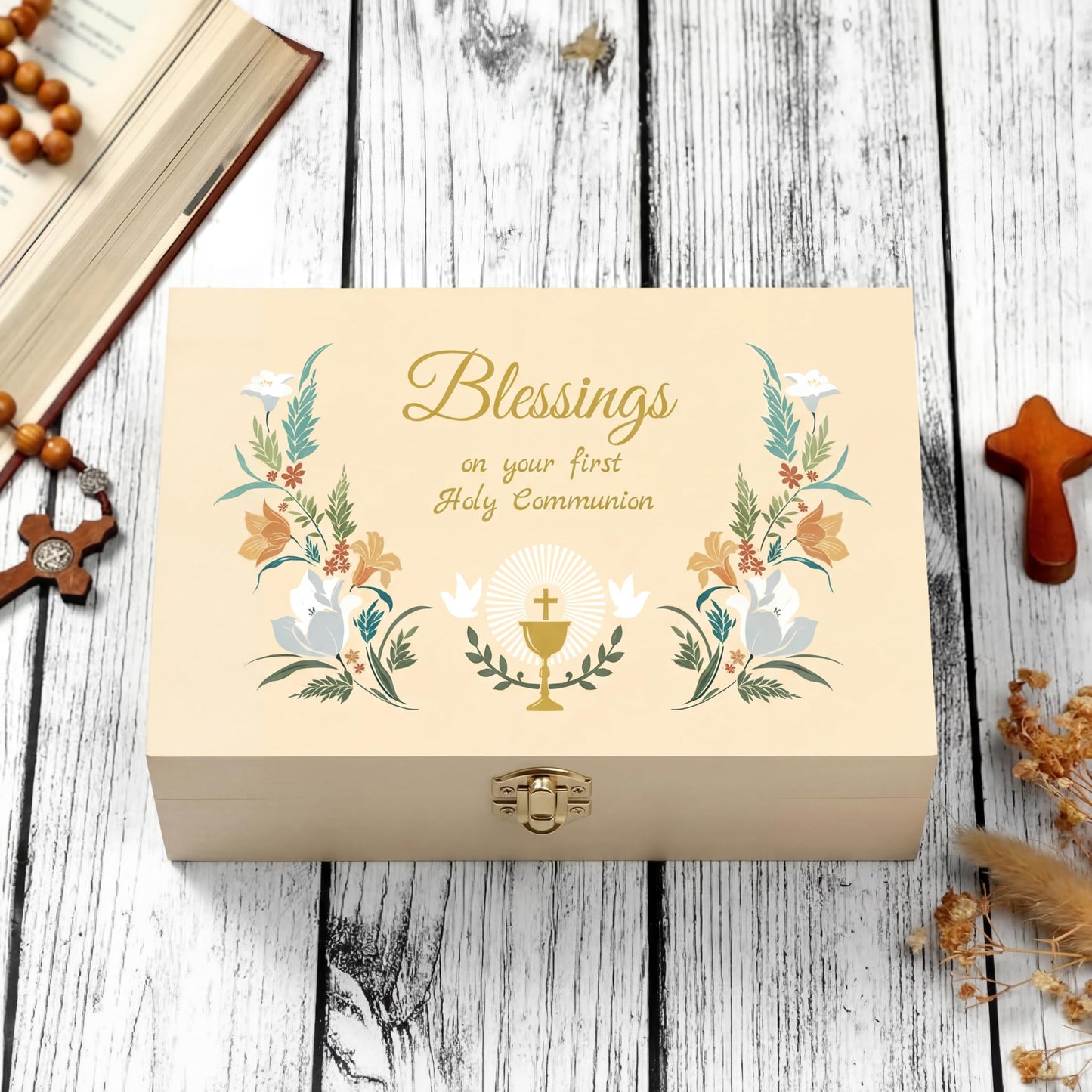 CroBlissful First Communion Wooden Box Keepsake Baptism Memory Box Gift 8.6 x 5.1 x 2.4 Inches First Holy Communion Jewelry Storage for Baptism Memory Keepsake(Floral)