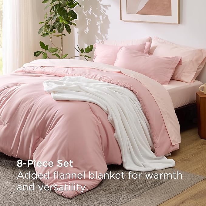 Bedsure Queen Comforter Set Pink, 8 Pieces Prewashed Queen Size Bed in a Bag with Soft Fleece Bed Blanket, Down Alternative Bedding Set for All Seasons, Sheets, Pillowcases & Shams