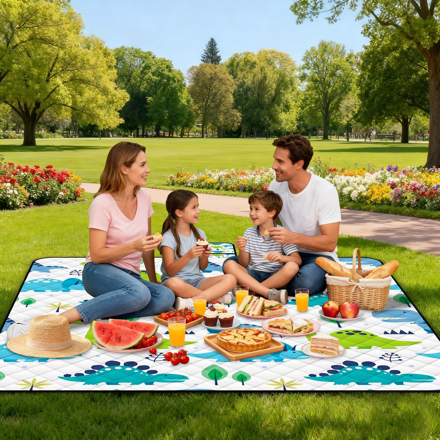 Extra Large Picnic Blanket Waterproof,80"x 80"Foldable Machine Washable Beach Blanket,Outdoor Blanket for 6-8 Adults,Picnic Mat Suitable for Indoor Crawling,Park Beach,Camping,Hiking,Travel(Dinosaur)