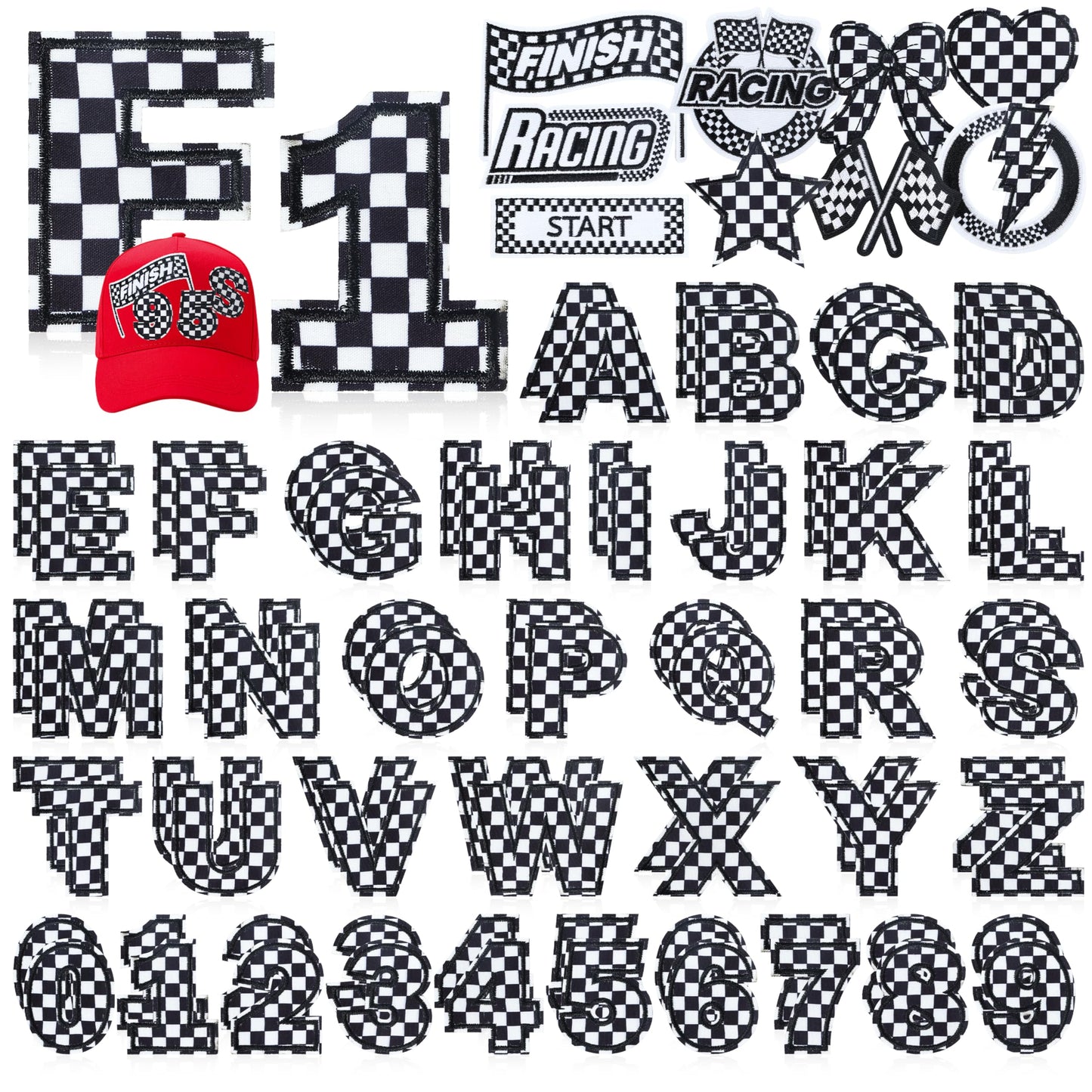 Meneng Letters and Numbers Patches for Racing: 82 Pcs Iron On Checkered Letters with Car Patches - Embroidered Flag Lightning Patch for Jacket Hat Customization