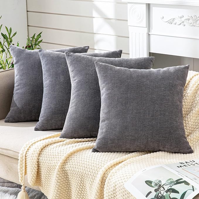GAWAMAY Decorative Square Throw Pillow Covers 18"x18" Inch Set of 4, Super Soft Chenille Pillows Cover Fall Pillowcase for Living Room Bedroom Sofa Couch Cushion Cover Grey 45x45cm (No Insert)