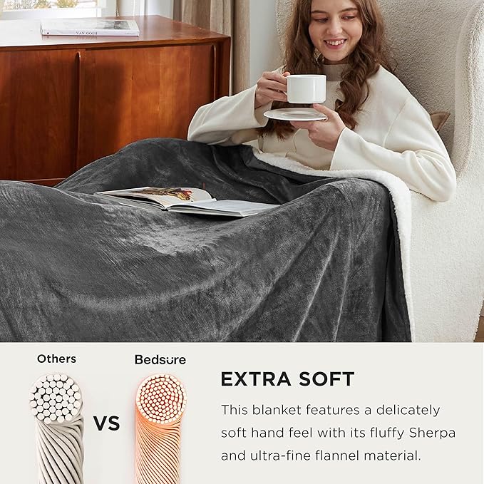 Bedsure Sherpa Fleece Oversized Cal King Blankets for Bed - Thick and Warm, Soft Fuzzy Plush Large Blanket for Winter, Charcoal, 112x98 Inches